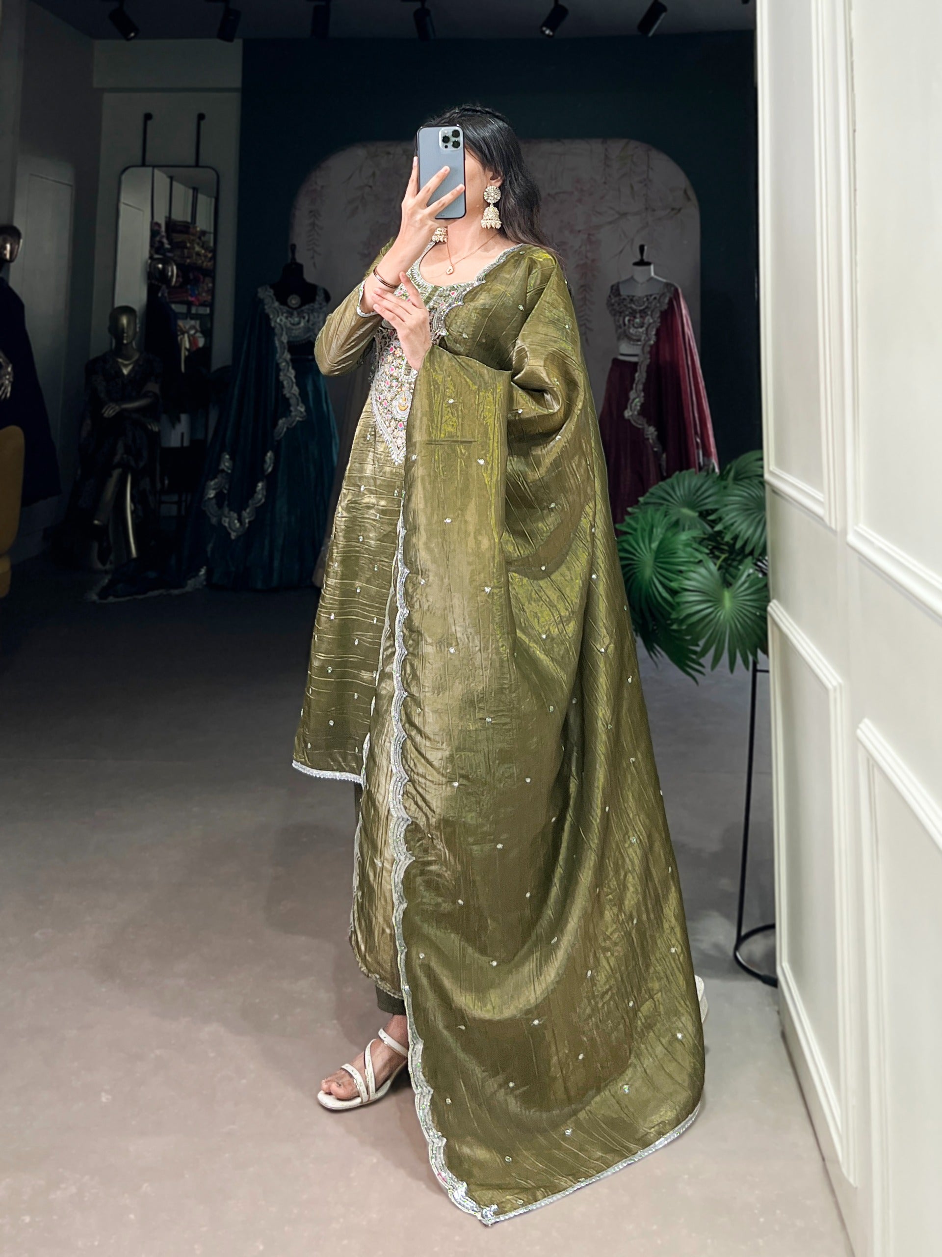 Olive Meadow Embroidered Silk Suit Set