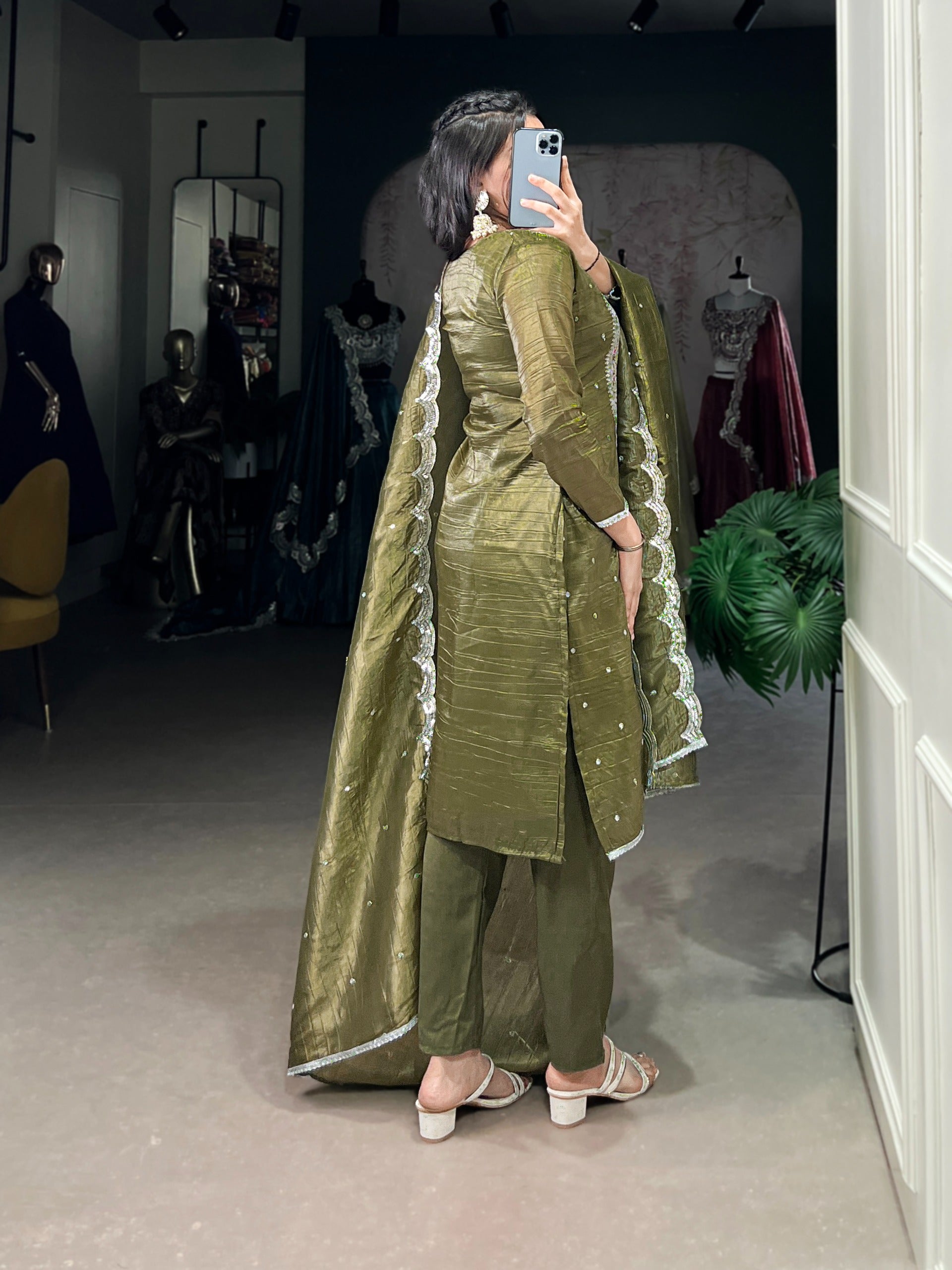 Olive Meadow Embroidered Silk Suit Set