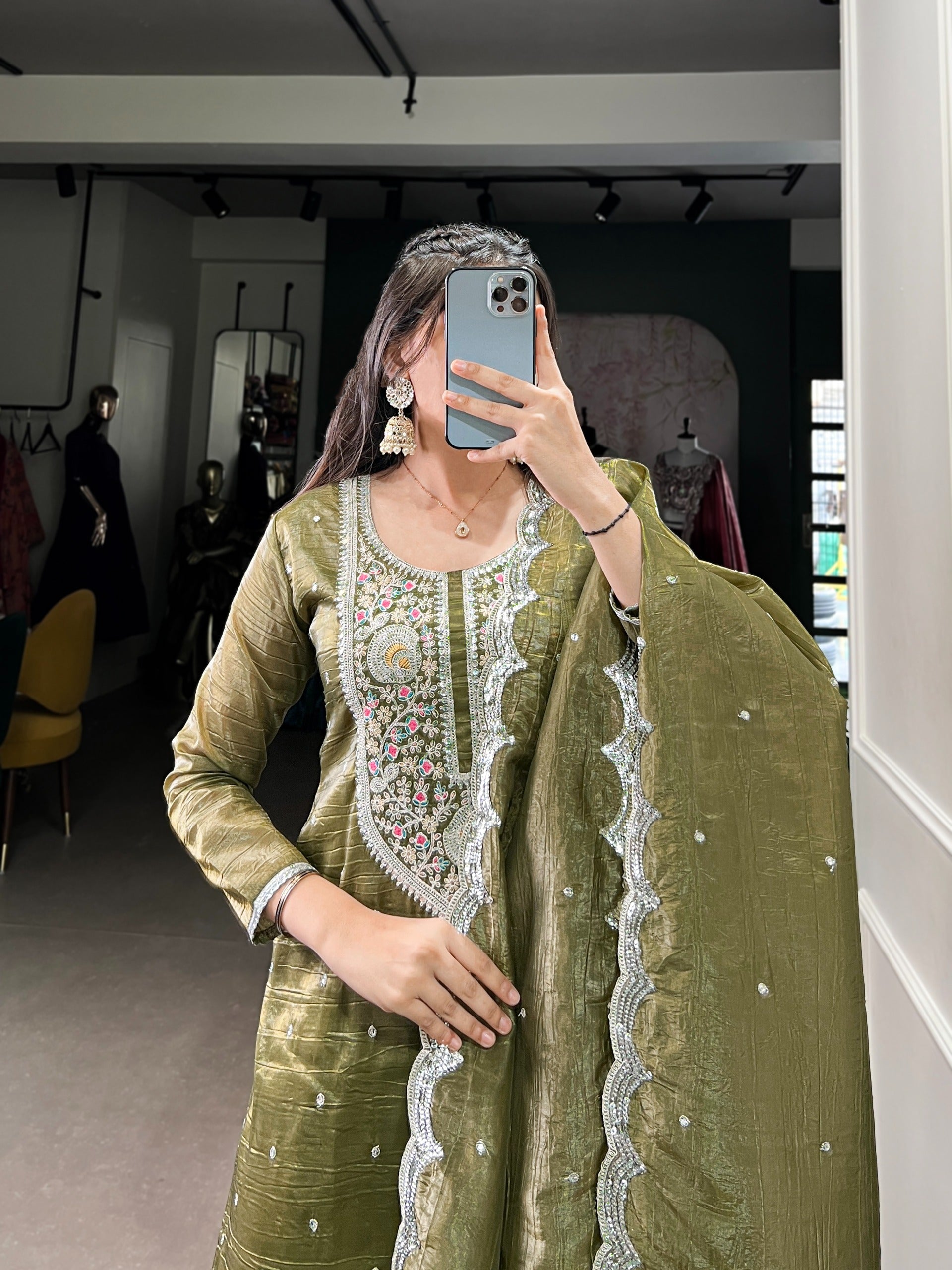 Olive Meadow Embroidered Silk Suit Set
