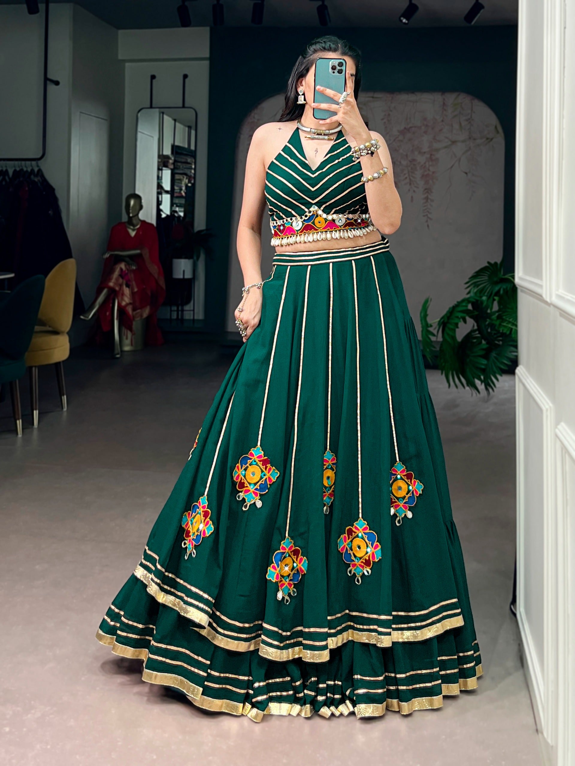 Bottle Green Mirror Work Lehenga Choli