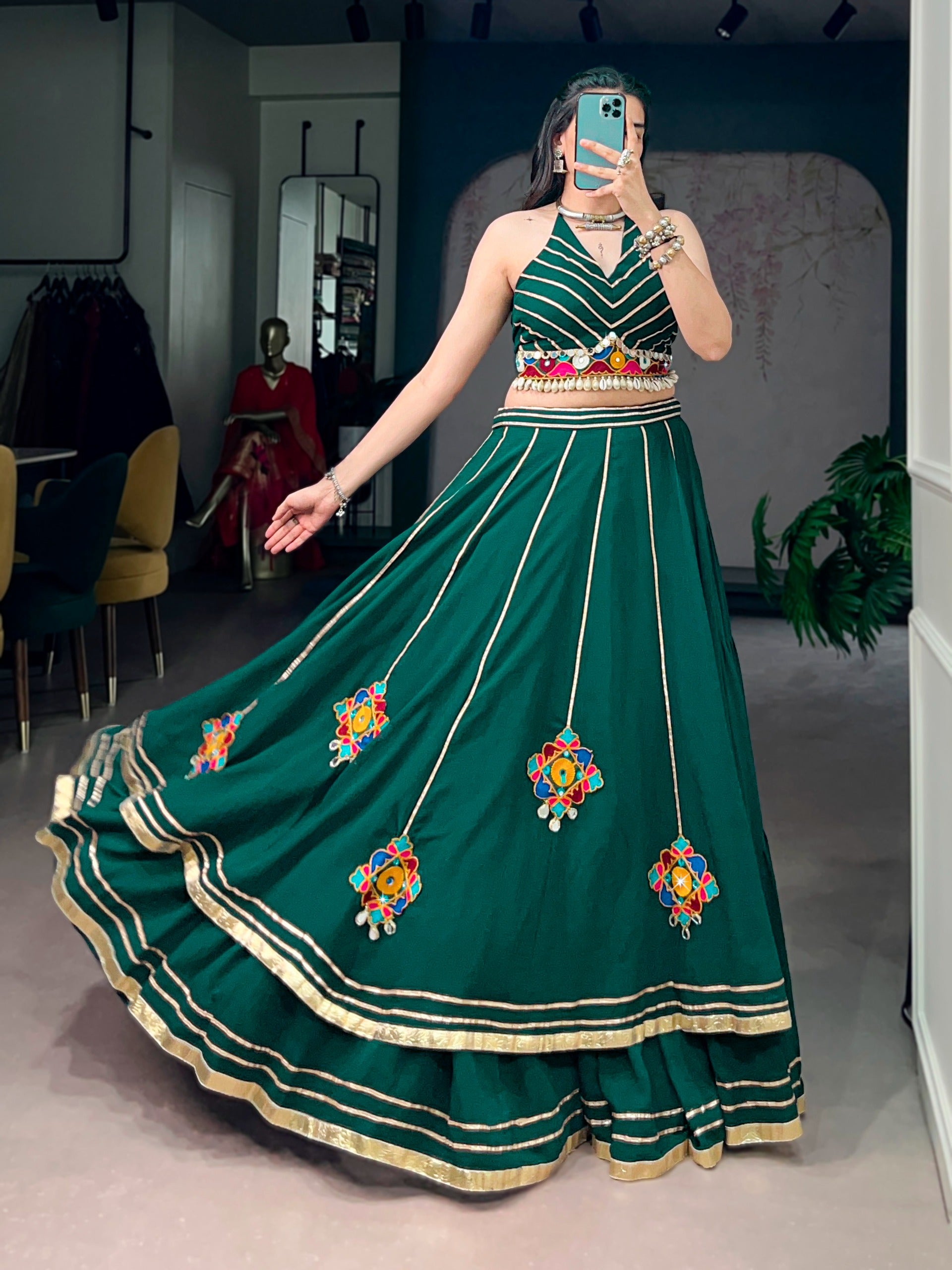 Bottle Green Mirror Work Lehenga Choli