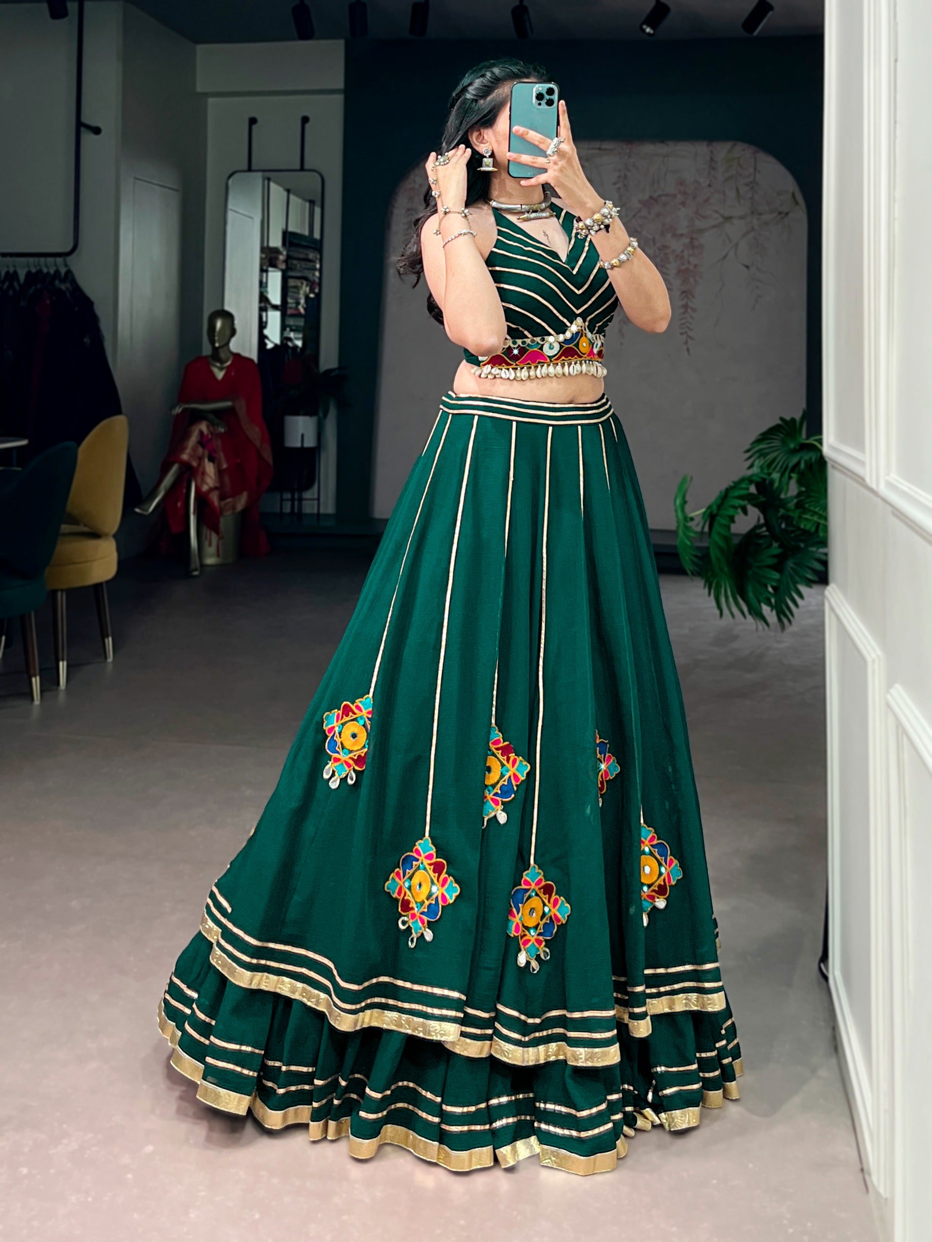 Bottle Green Mirror Work Lehenga Choli