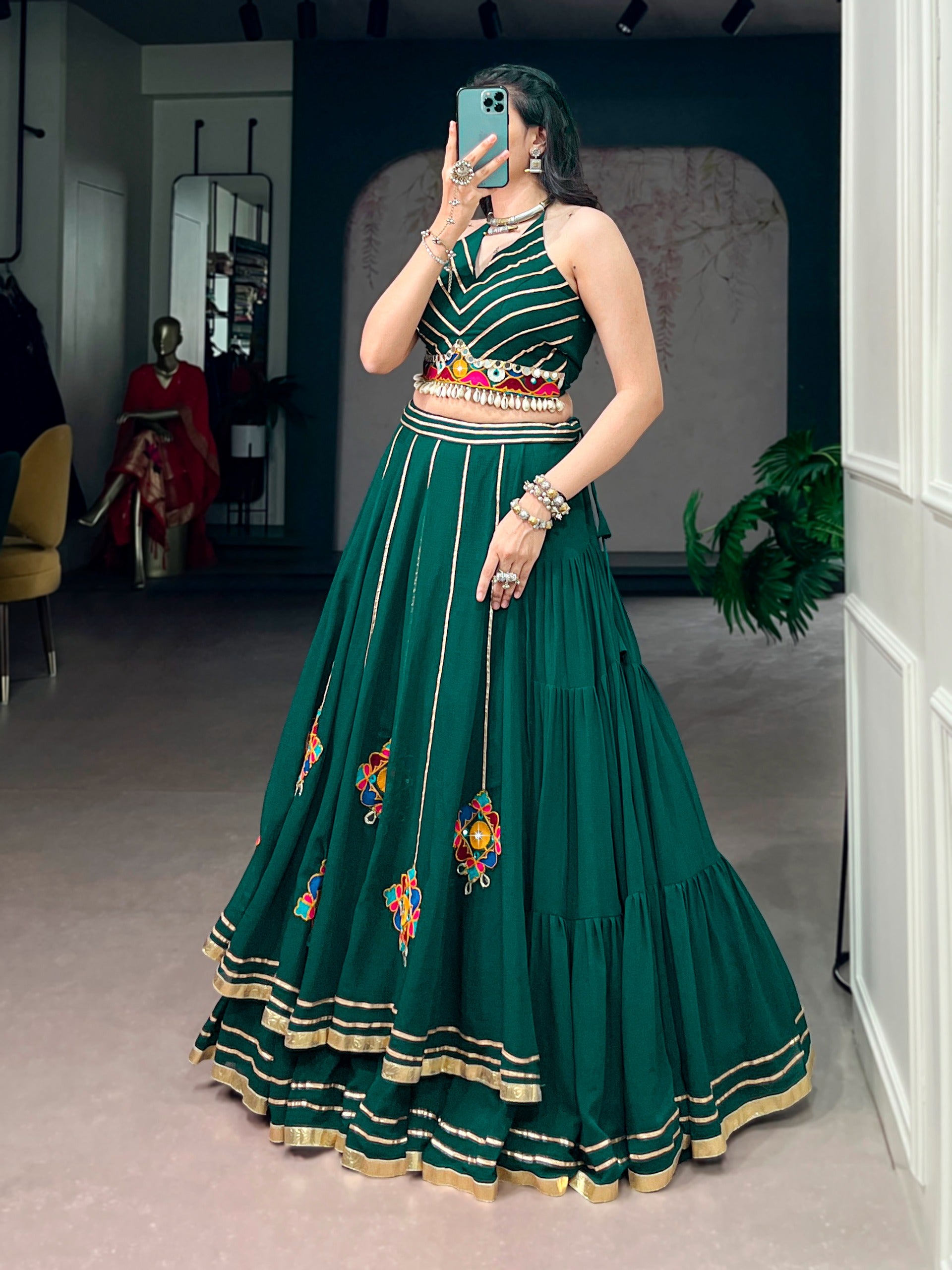 Bottle Green Mirror Work Lehenga Choli