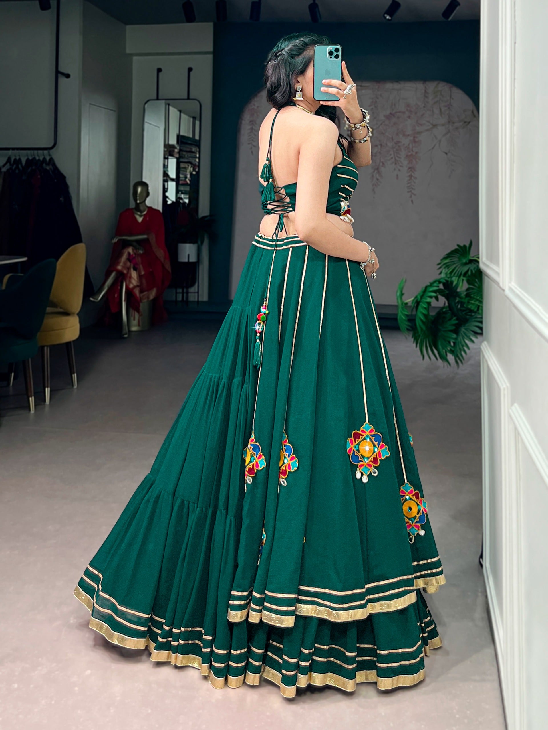 Bottle Green Mirror Work Lehenga Choli