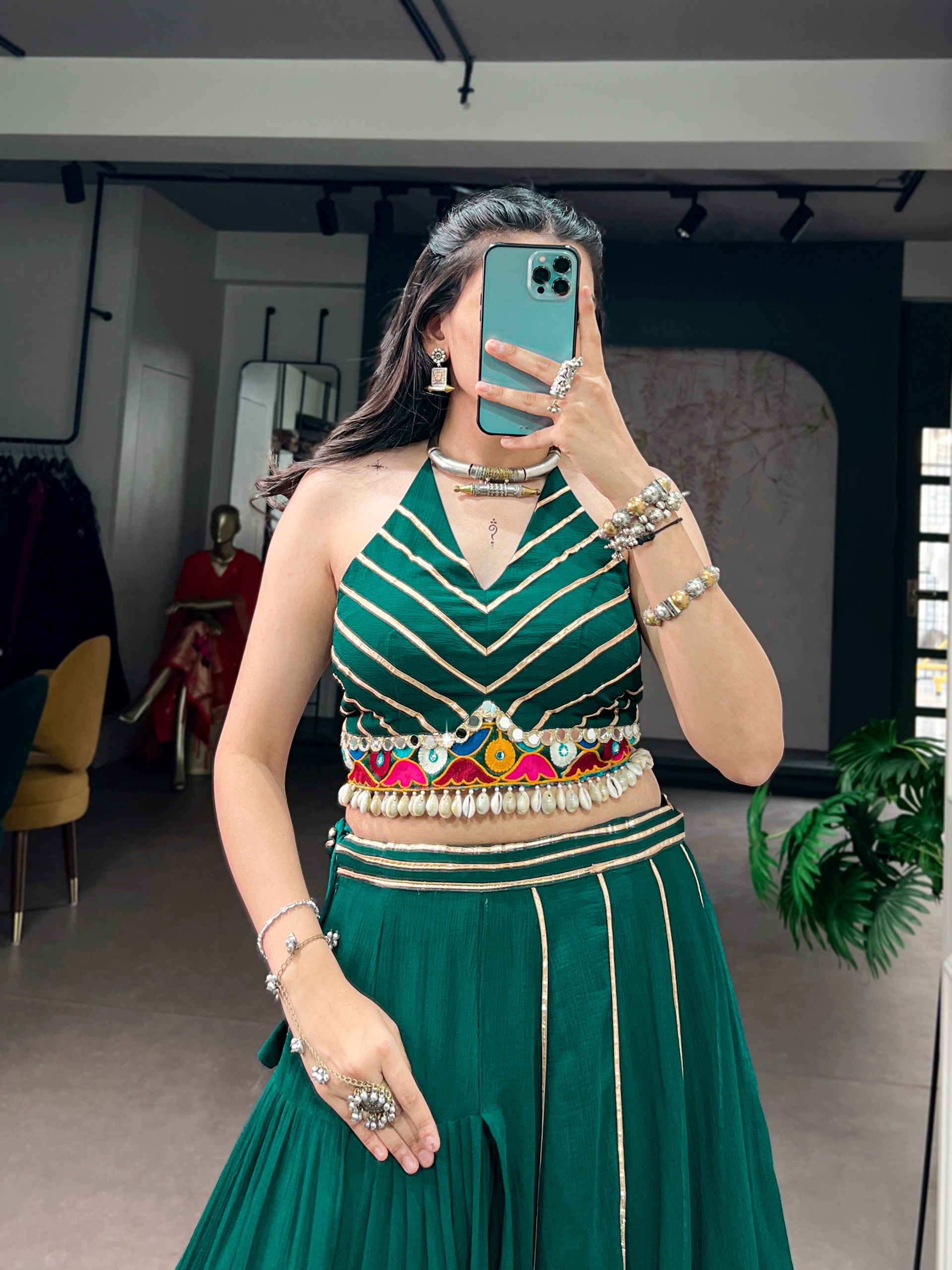 Bottle Green Mirror Work Lehenga Choli