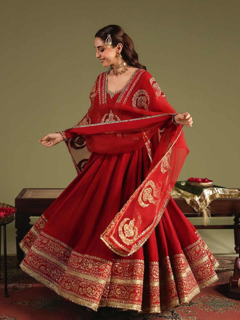 Bridal Red Embroidered Anarkali Gown Set