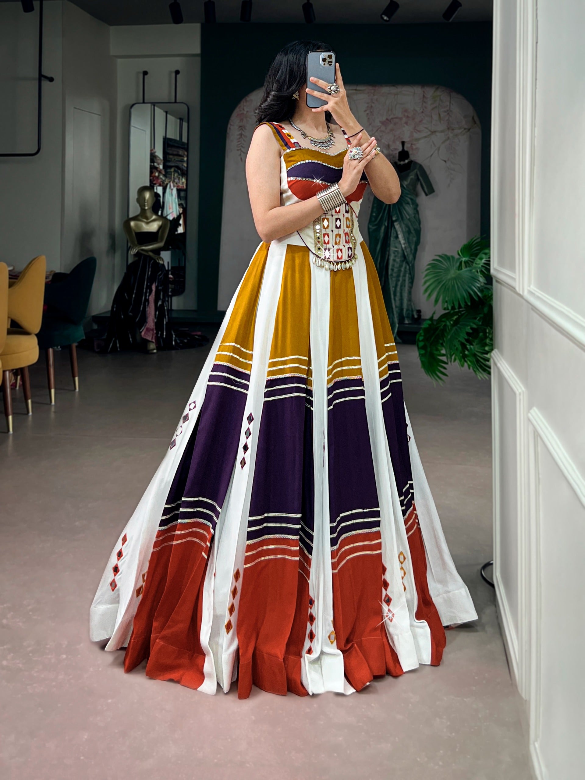 Bohemian Mirror Work Crop Top & Flared Lehenga