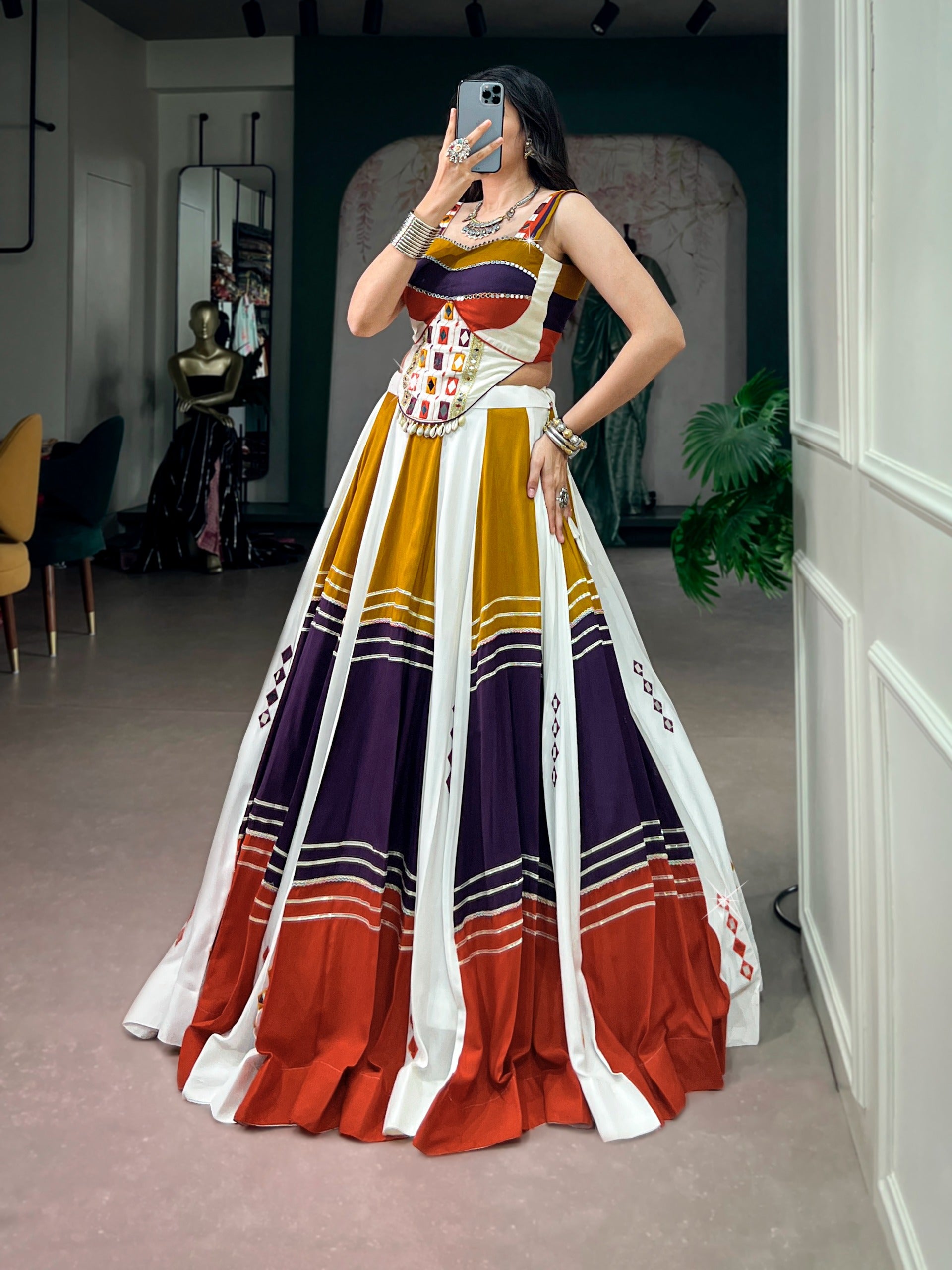 Bohemian Mirror Work Crop Top & Flared Lehenga
