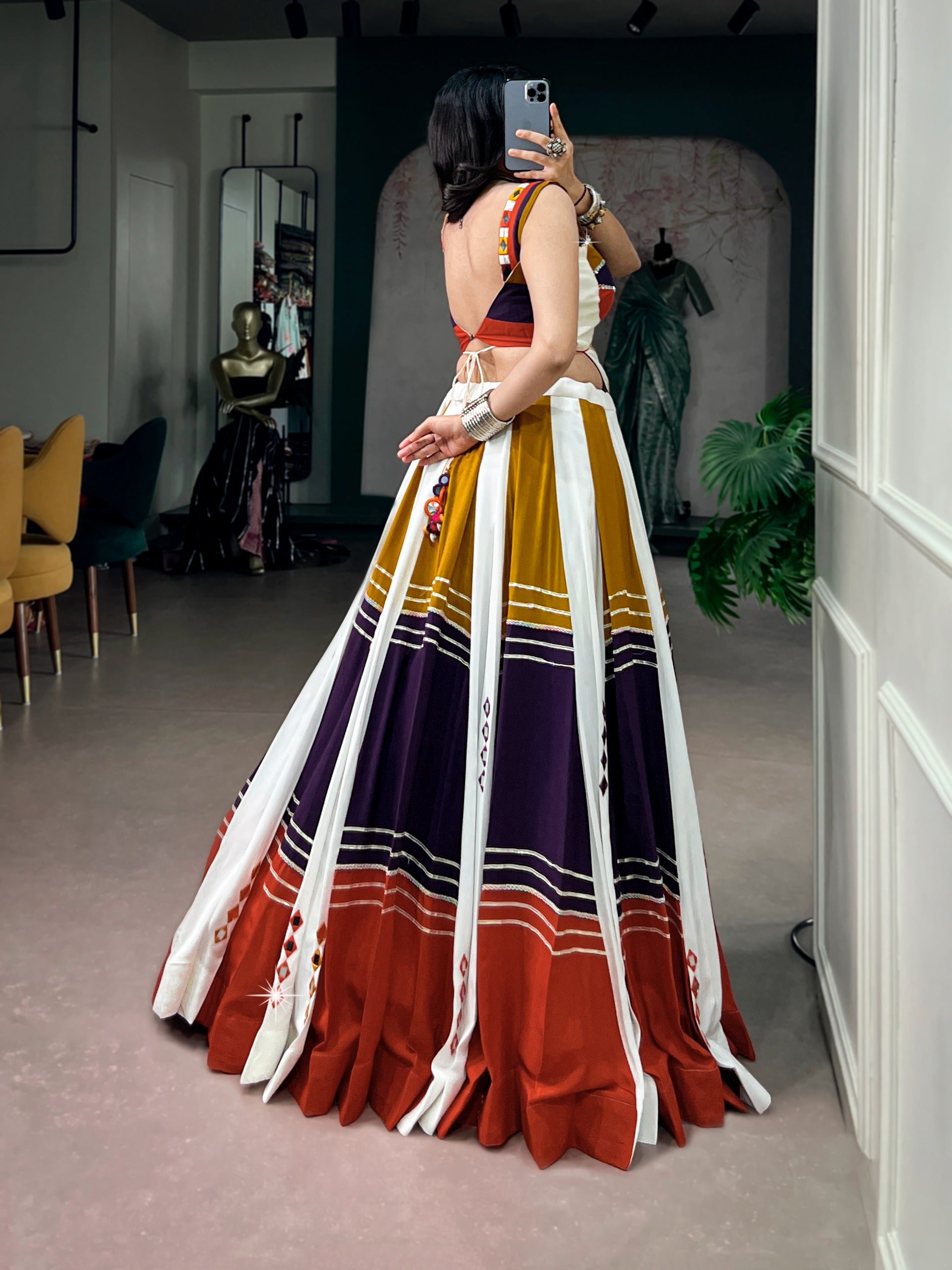 Bohemian Mirror Work Crop Top & Flared Lehenga