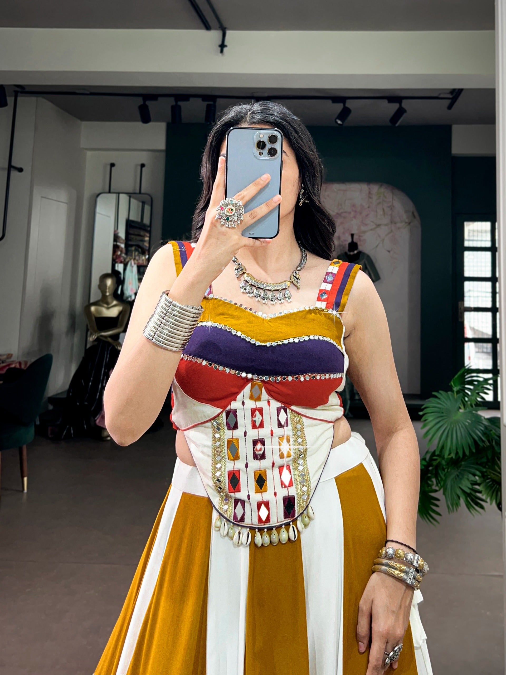 Bohemian Mirror Work Crop Top & Flared Lehenga