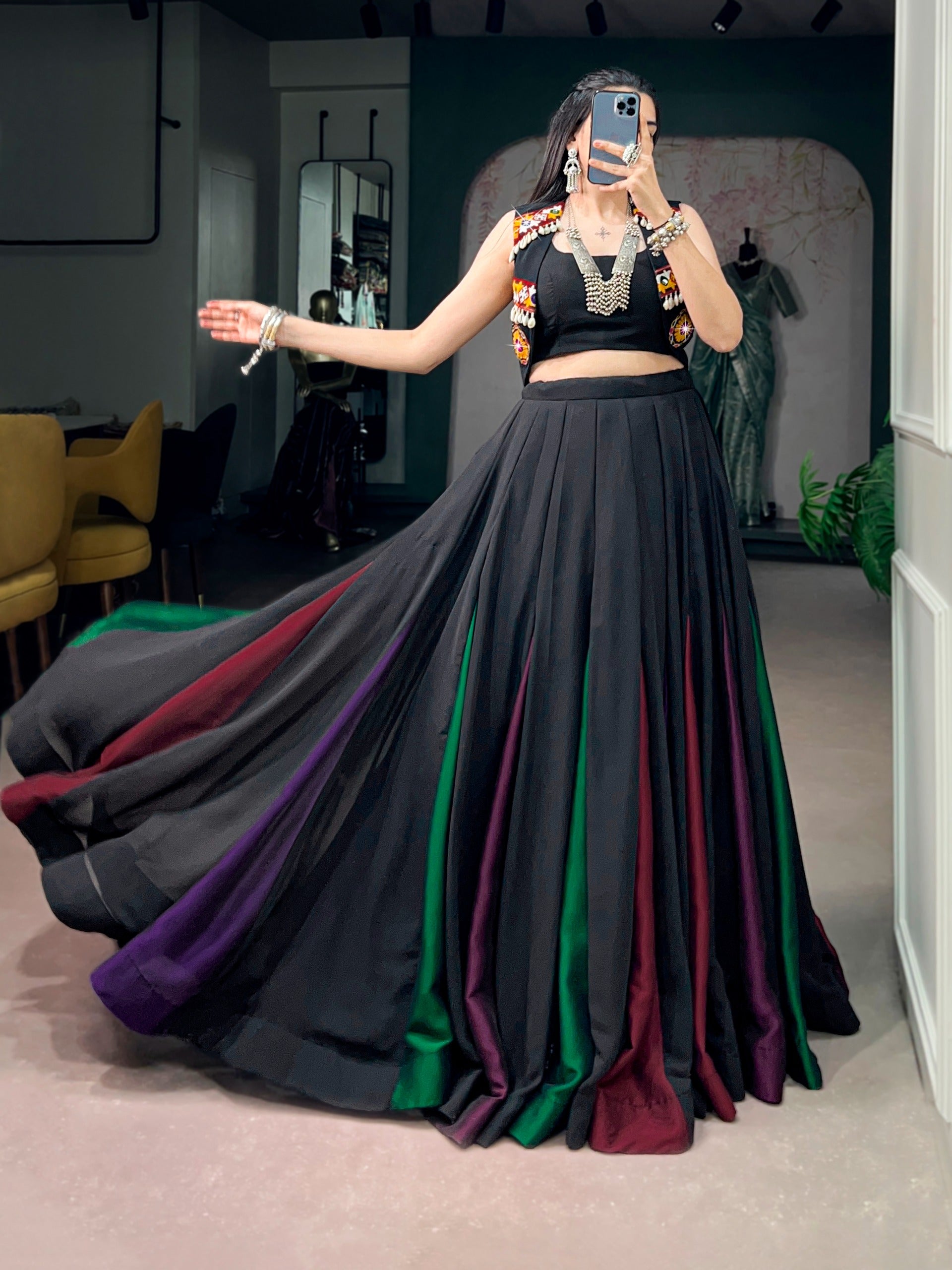 Black Multi-Panel Lehenga Choli with Embroidered Jacket