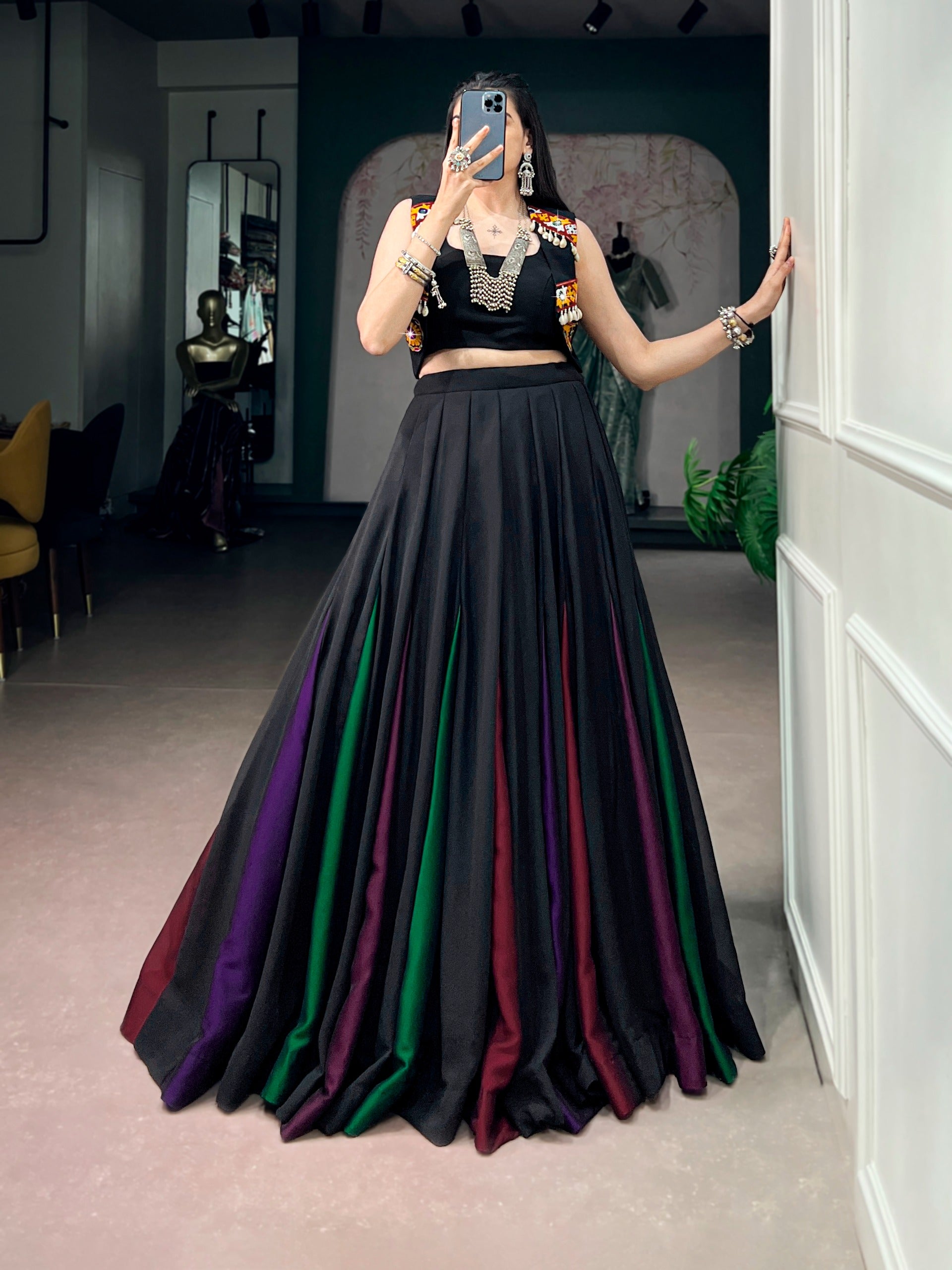Black Multi-Panel Lehenga Choli with Embroidered Jacket