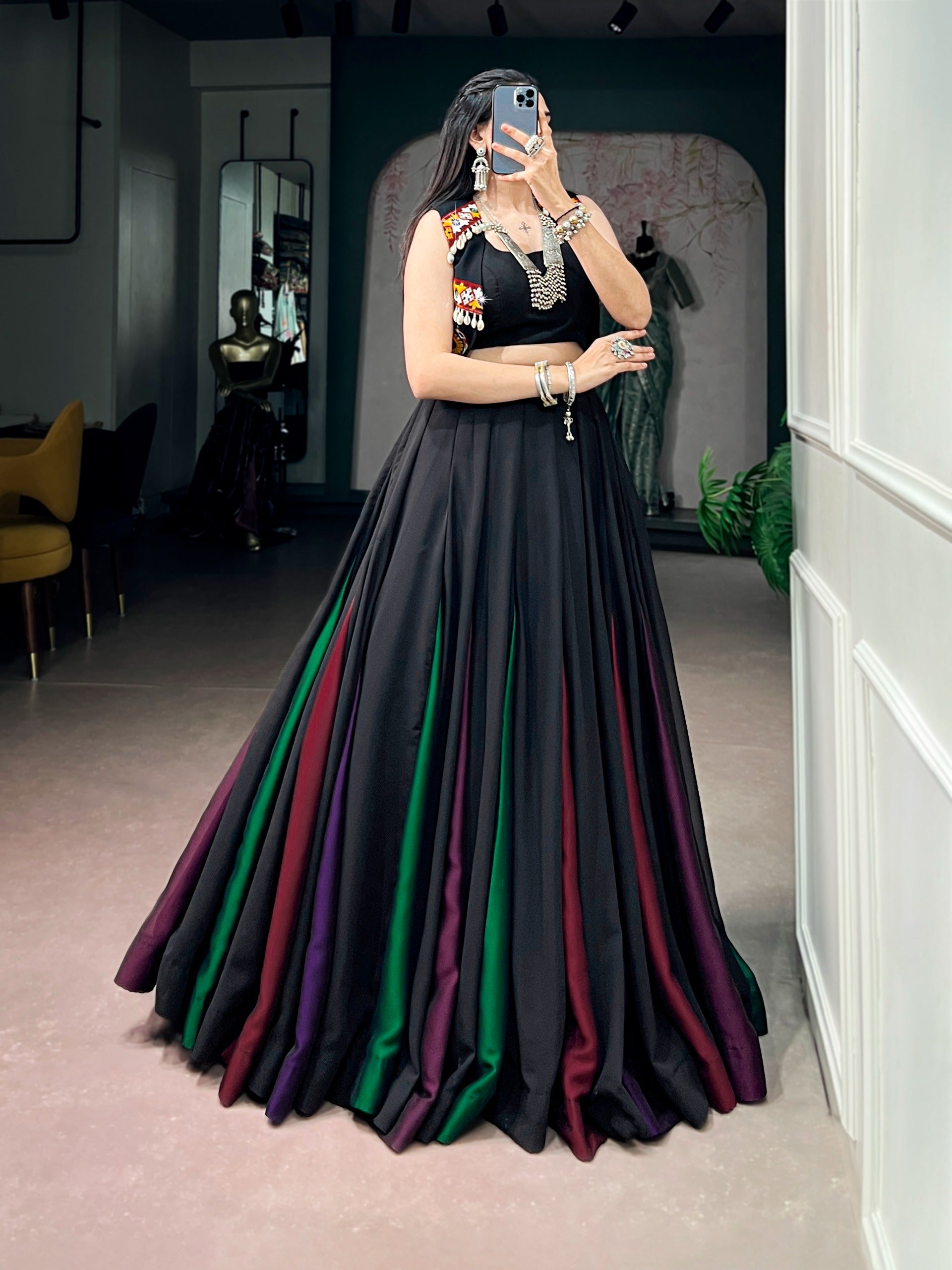 Black Multi-Panel Lehenga Choli with Embroidered Jacket