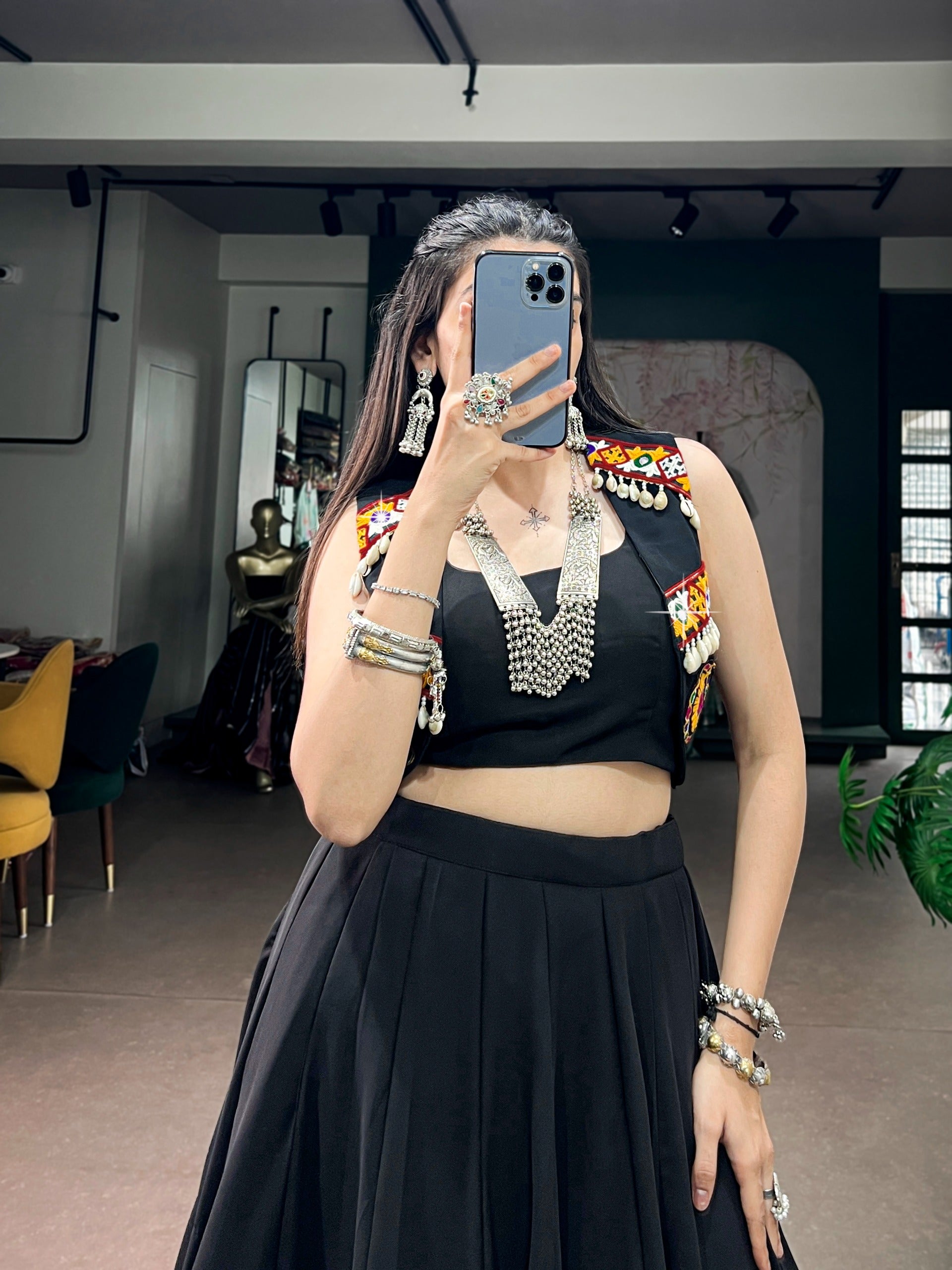 Black Multi-Panel Lehenga Choli with Embroidered Jacket