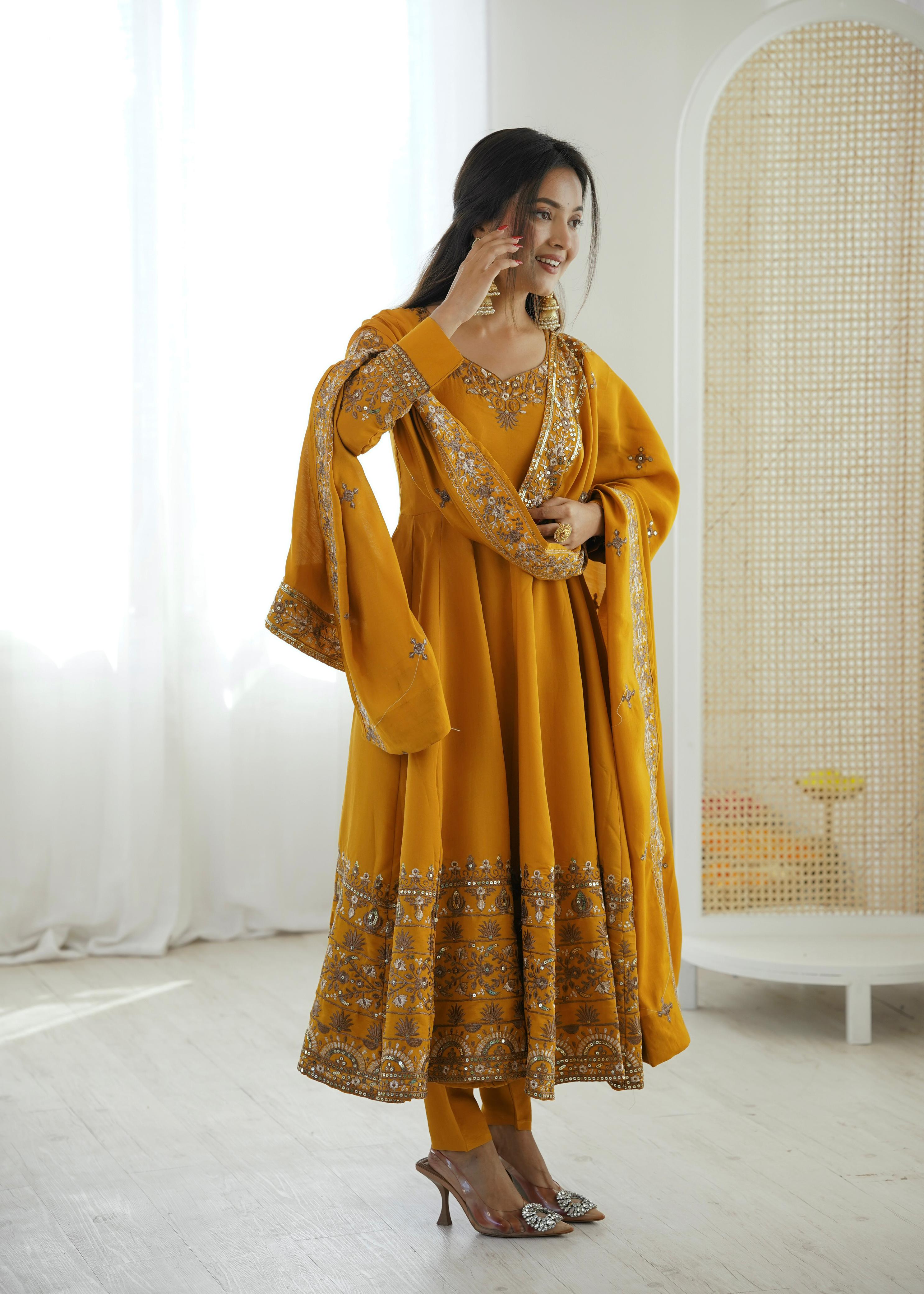 "Elegant Embroidered Sequence Designer Anarkali Three Piece Set"