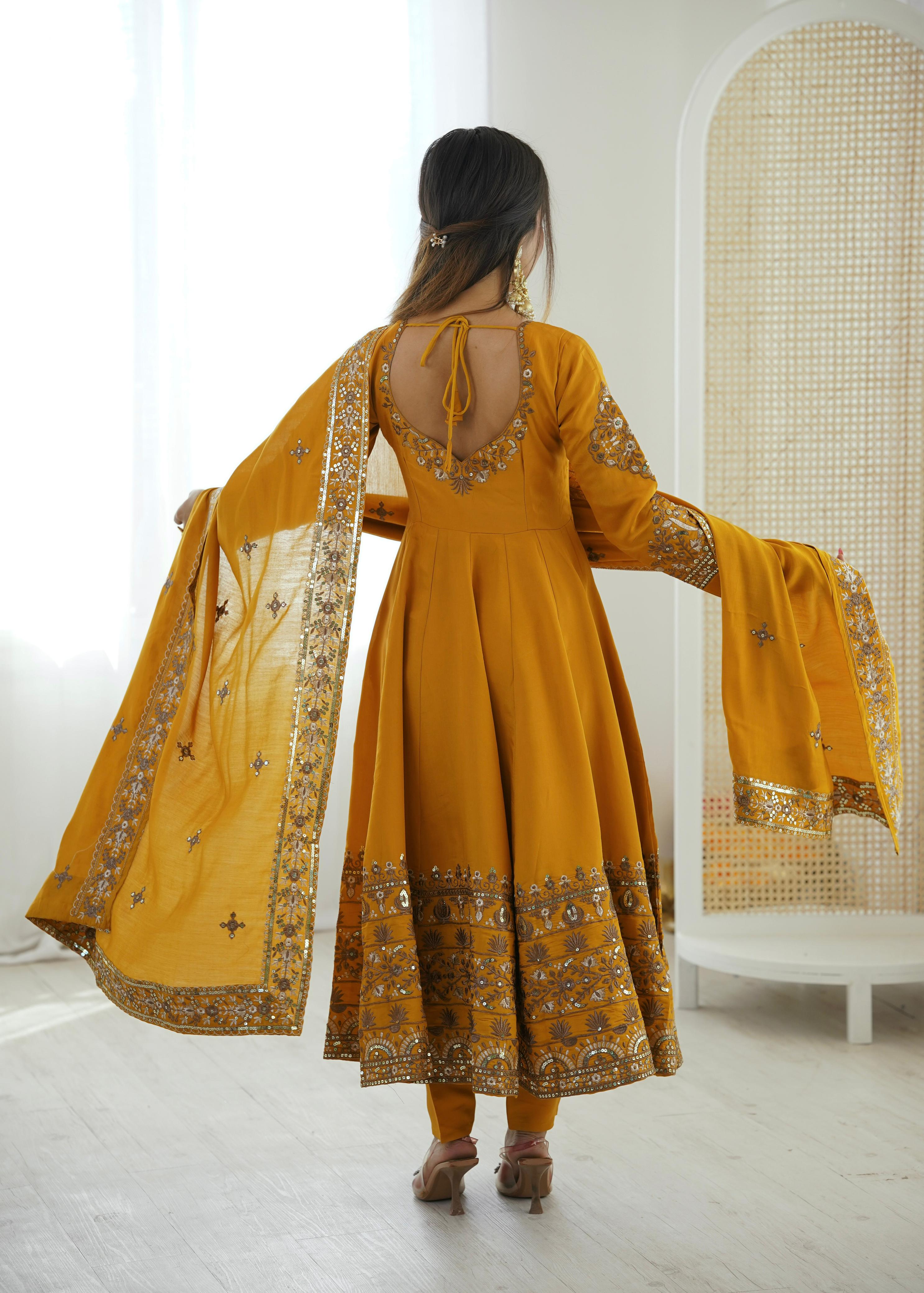 "Elegant Embroidered Sequence Designer Anarkali Three Piece Set"