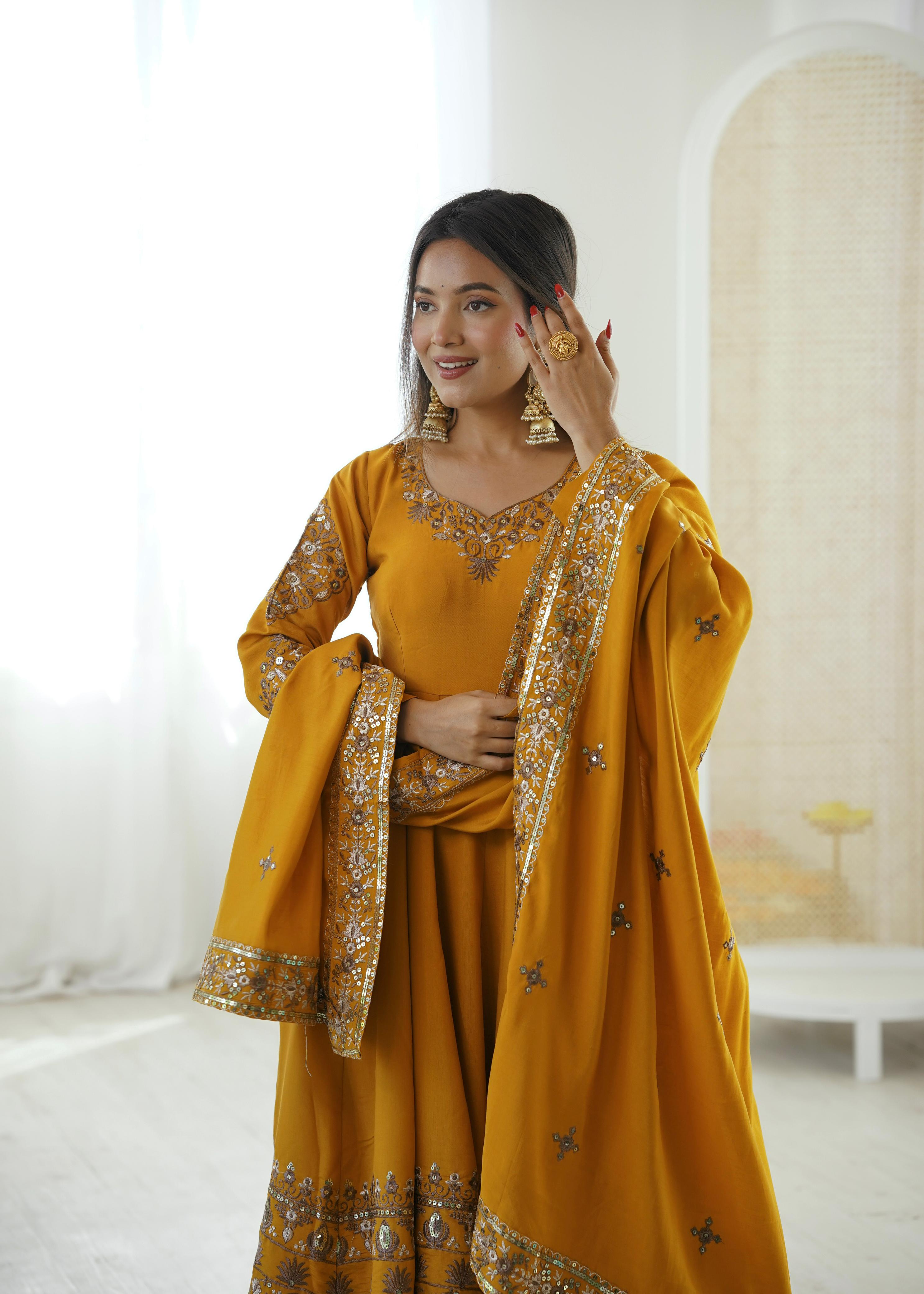 "Elegant Embroidered Sequence Designer Anarkali Three Piece Set"