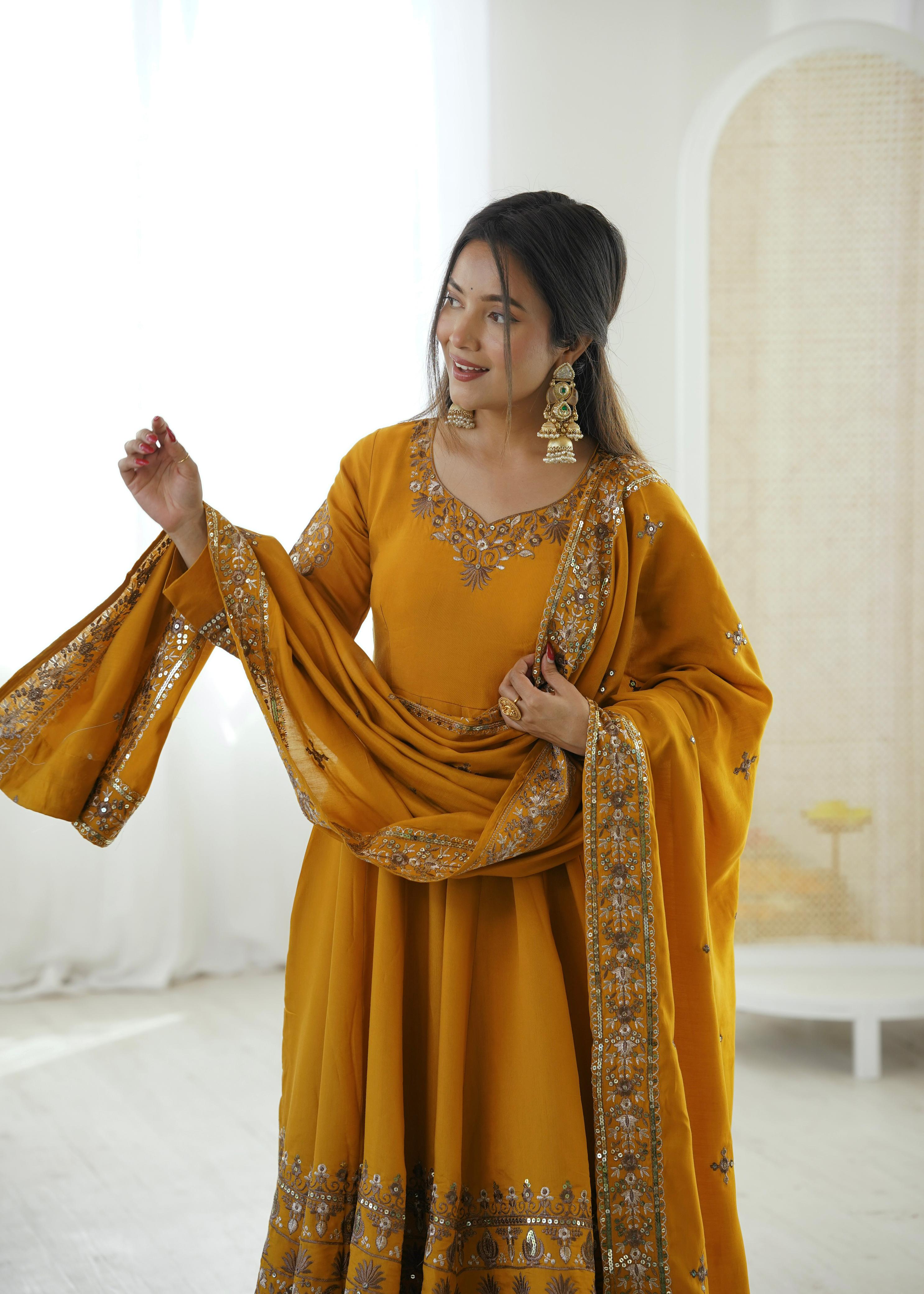 "Elegant Embroidered Sequence Designer Anarkali Three Piece Set"