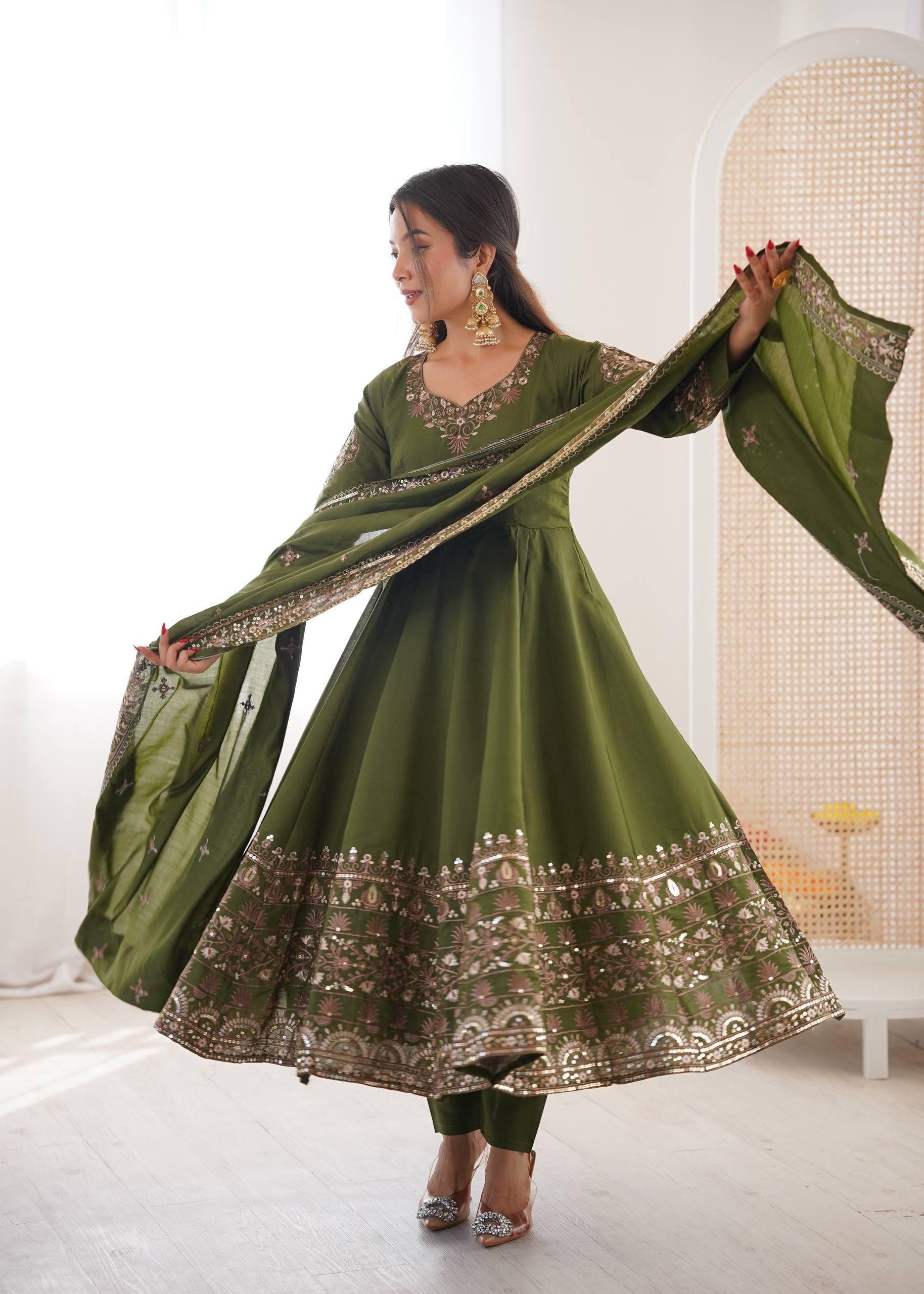 "Elegant Embroidered Sequence Designer Anarkali Three Piece Set"