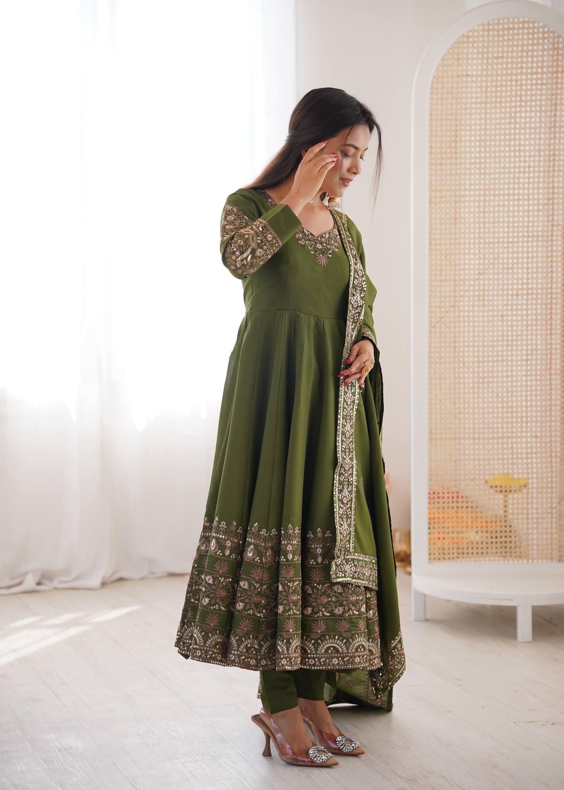 "Elegant Embroidered Sequence Designer Anarkali Three Piece Set"