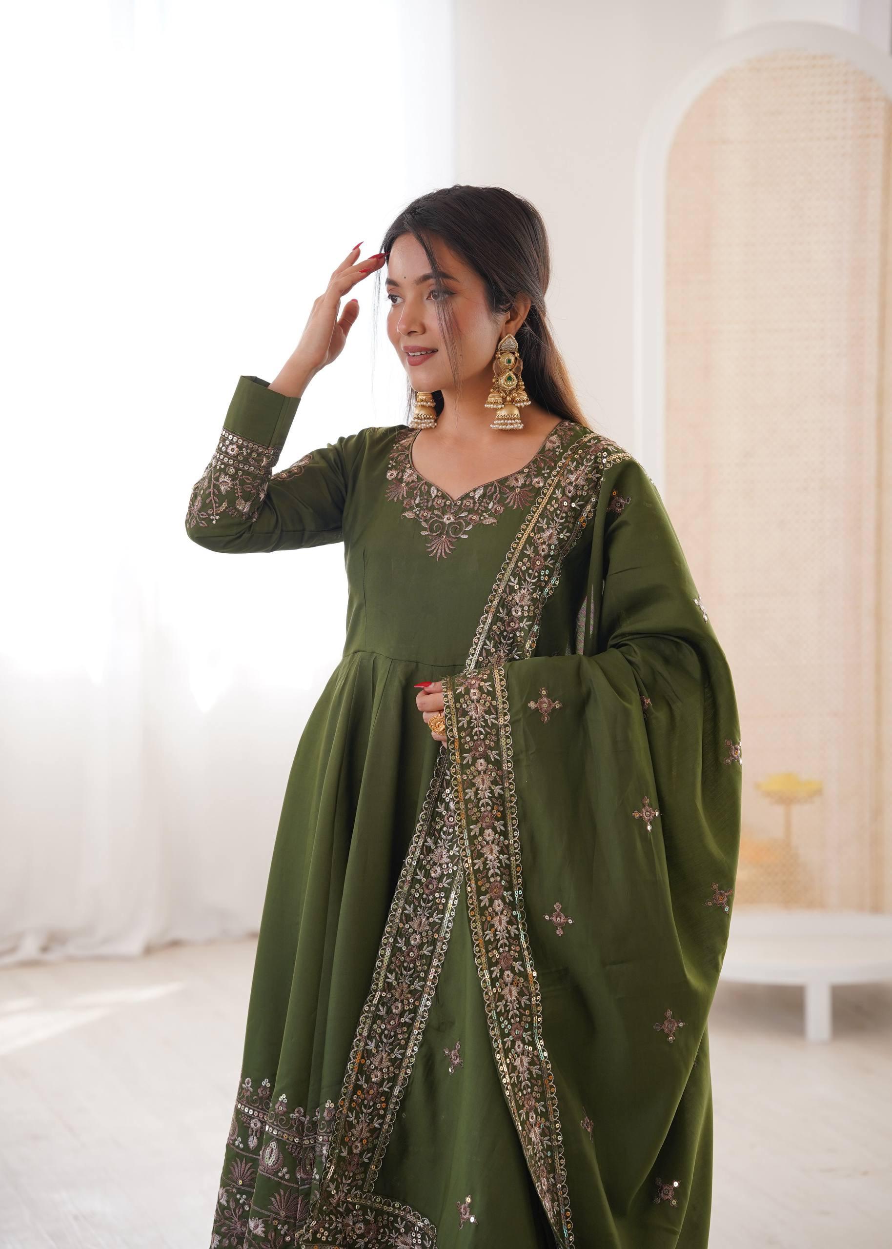 "Elegant Embroidered Sequence Designer Anarkali Three Piece Set"