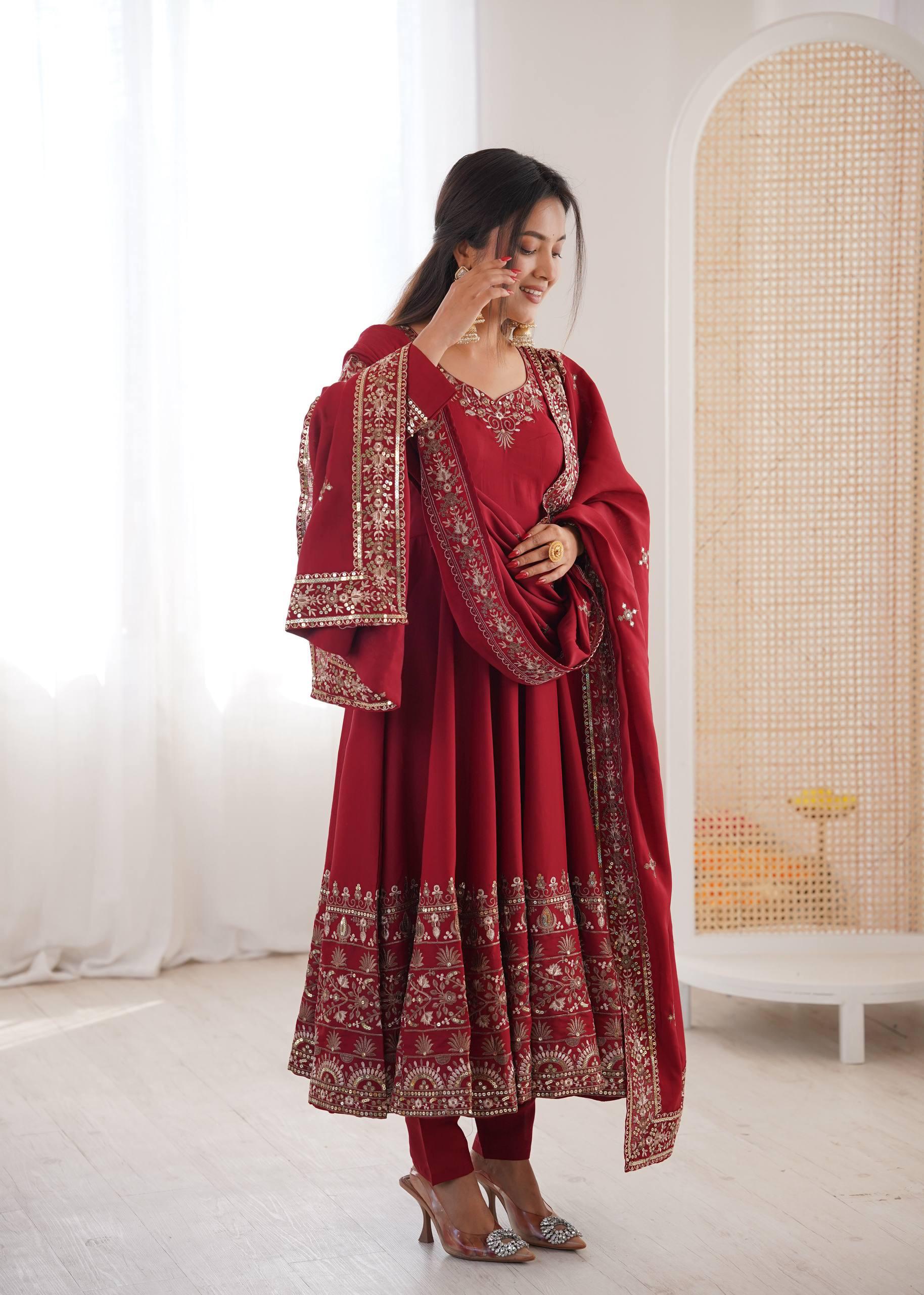"Elegant Embroidered Sequence Designer Anarkali Three Piece Set"