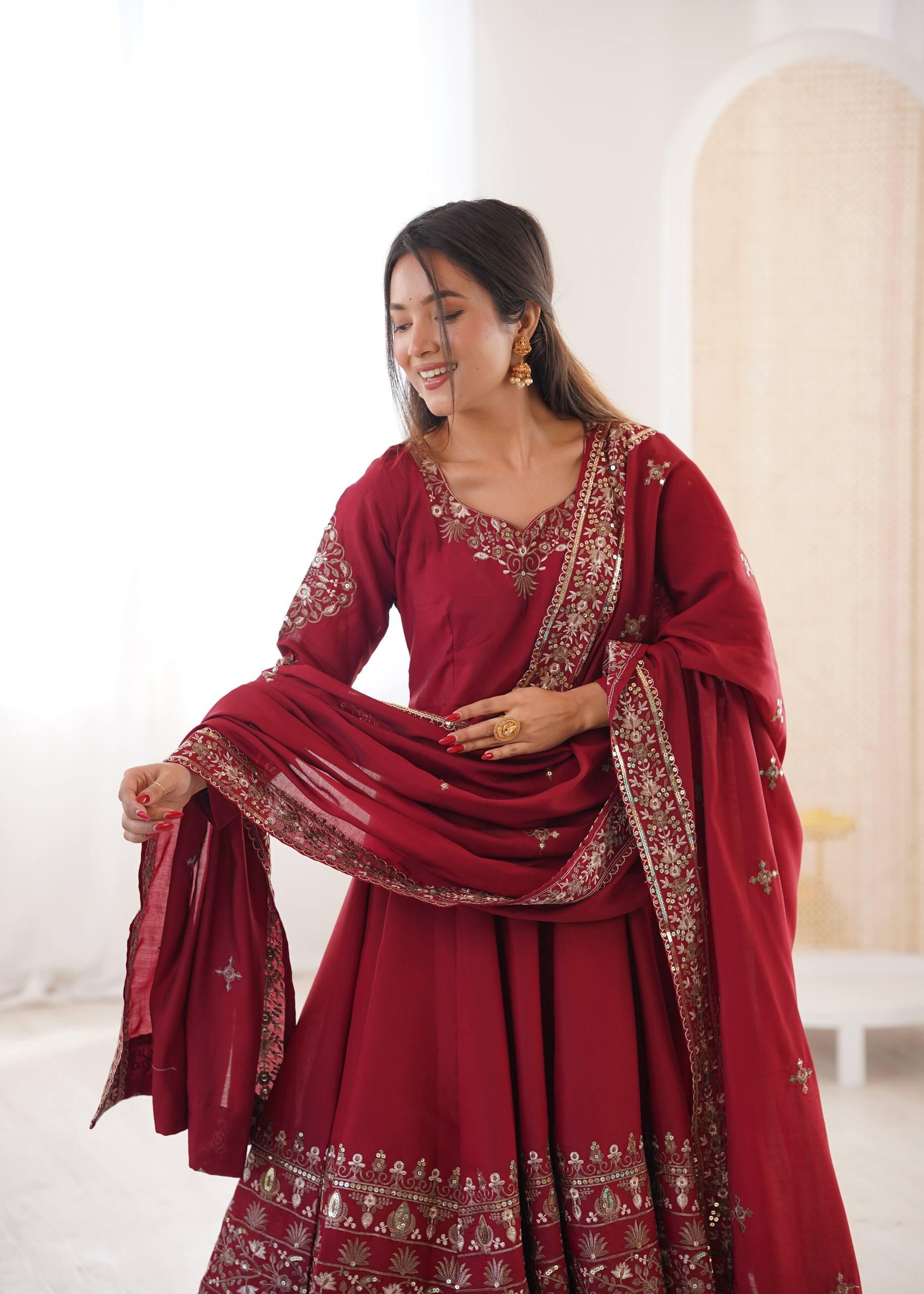 "Elegant Embroidered Sequence Designer Anarkali Three Piece Set"