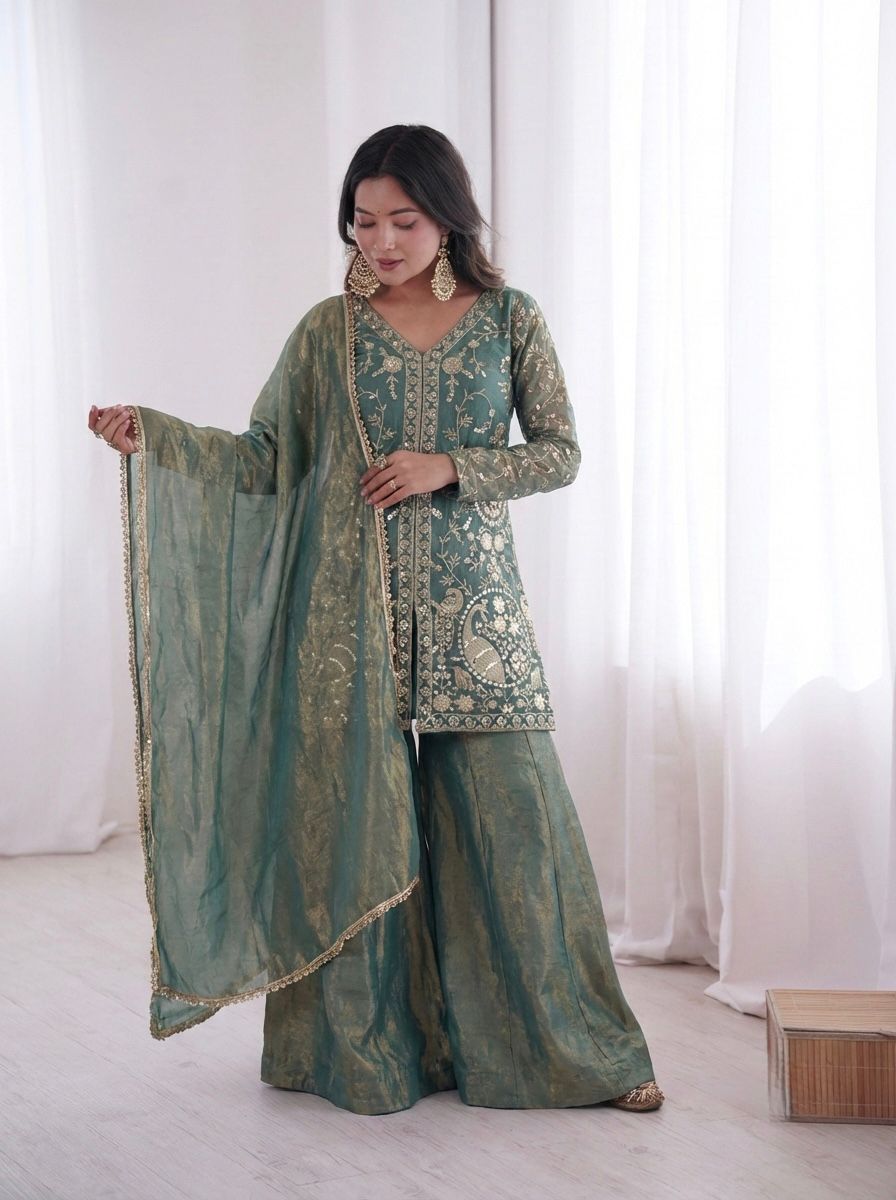 New Party Wear Look Pur Heavy Fendy Silk Top Plazzo & Dupatta Set