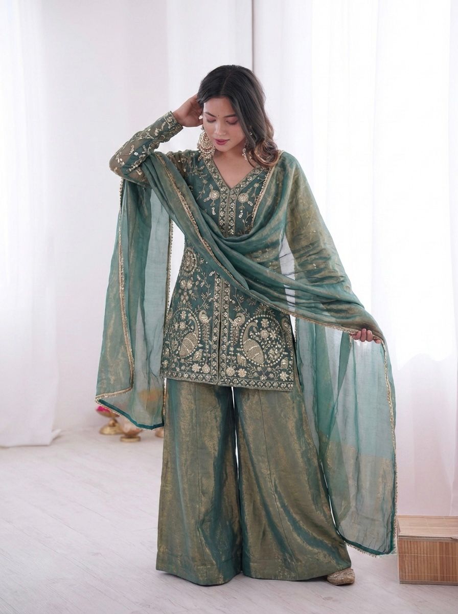 New Party Wear Look Pur Heavy Fendy Silk Top Plazzo & Dupatta Set