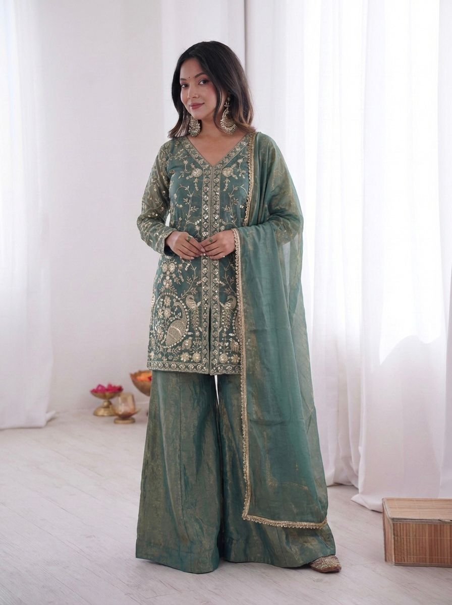 New Party Wear Look Pur Heavy Fendy Silk Top Plazzo & Dupatta Set