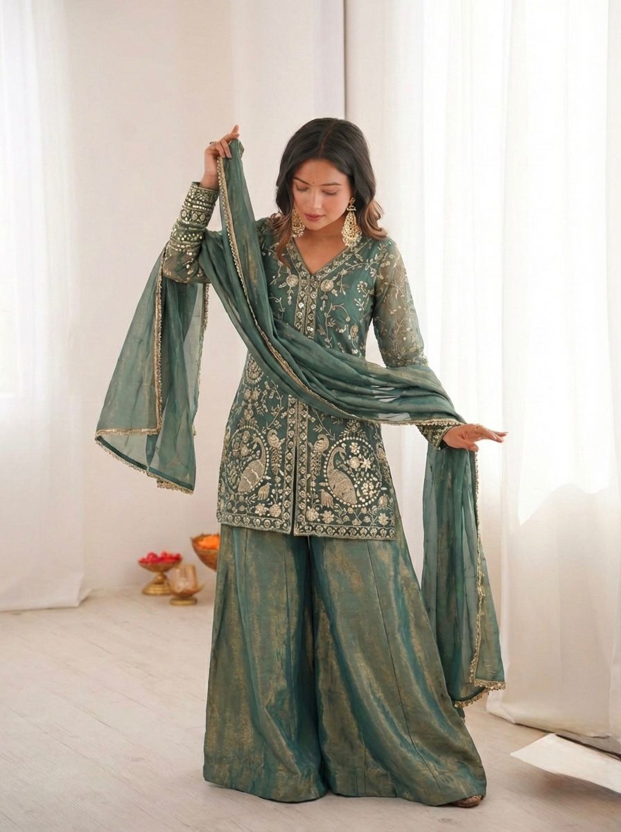 New Party Wear Look Pur Heavy Fendy Silk Top Plazzo & Dupatta Set