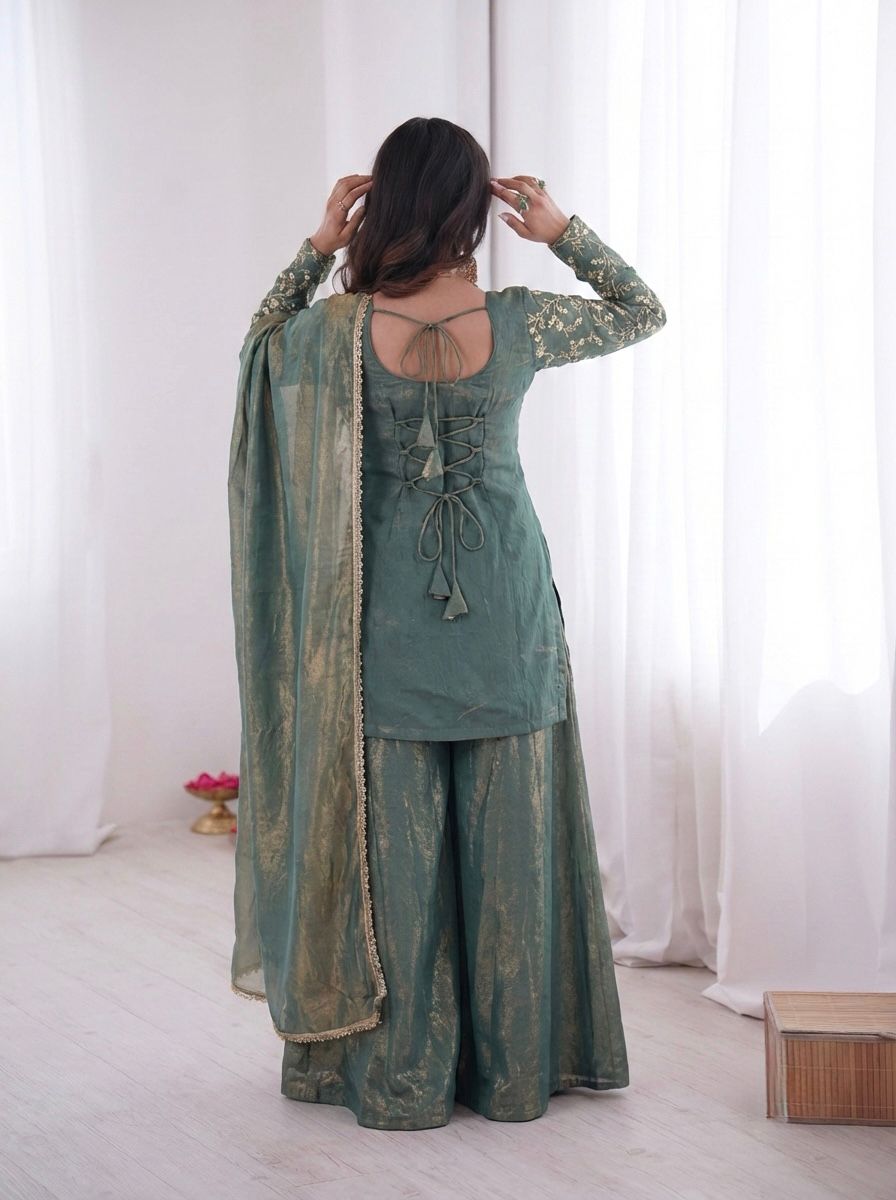 New Party Wear Look Pur Heavy Fendy Silk Top Plazzo & Dupatta Set