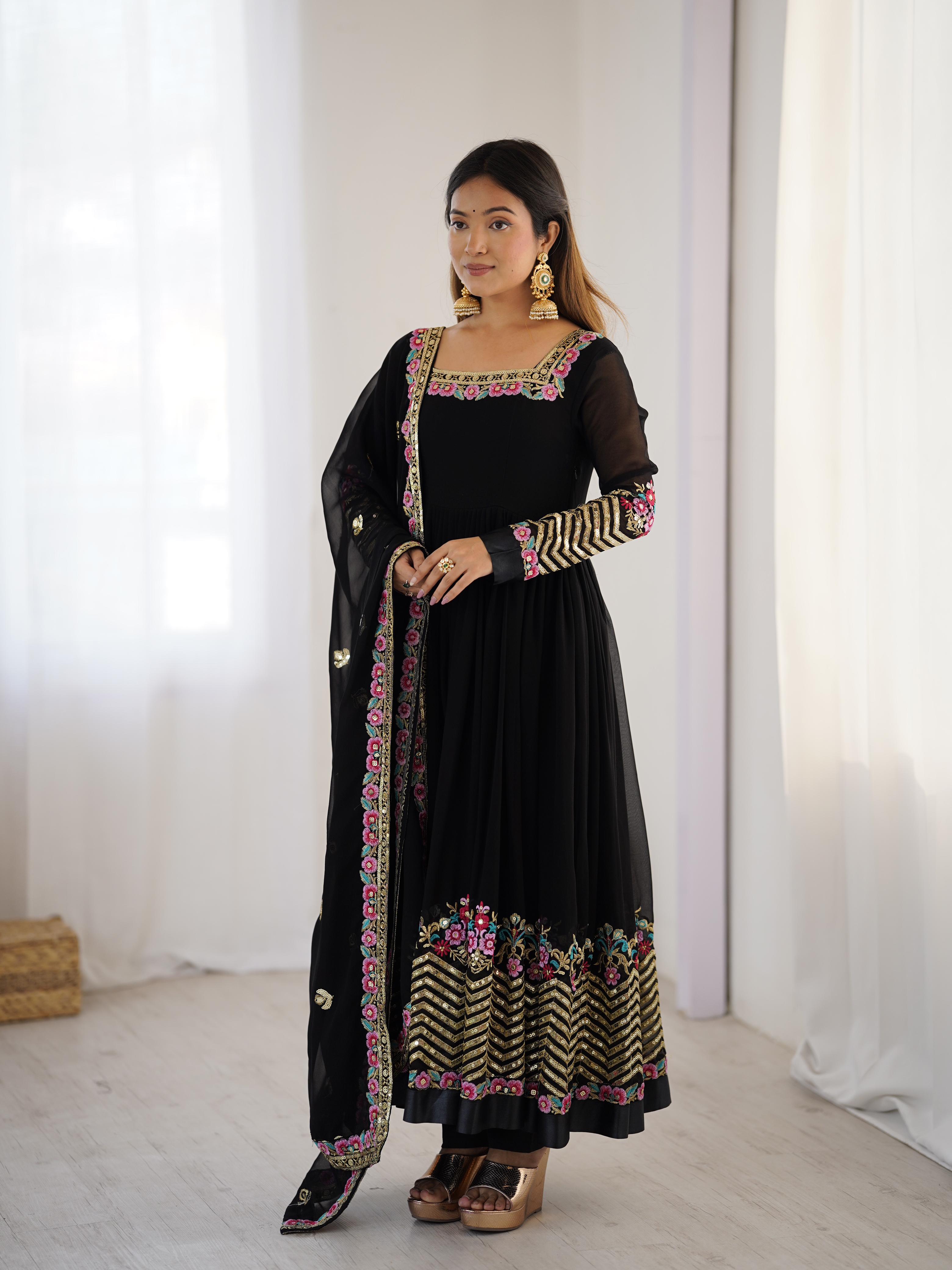Elegant Embroidered Sequence Designer Anarkali Three Piece Set"