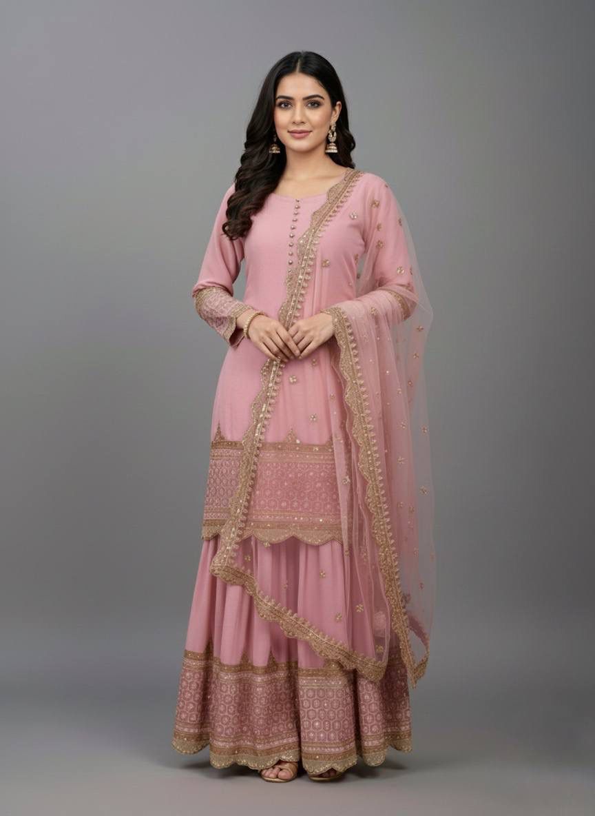 "Elegant Embroidered Sequence Designer Sharara Set"
