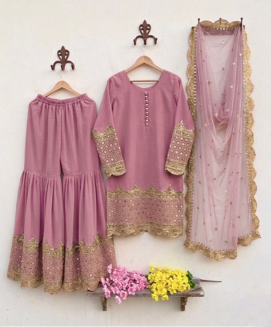 "Elegant Embroidered Sequence Designer Sharara Set"