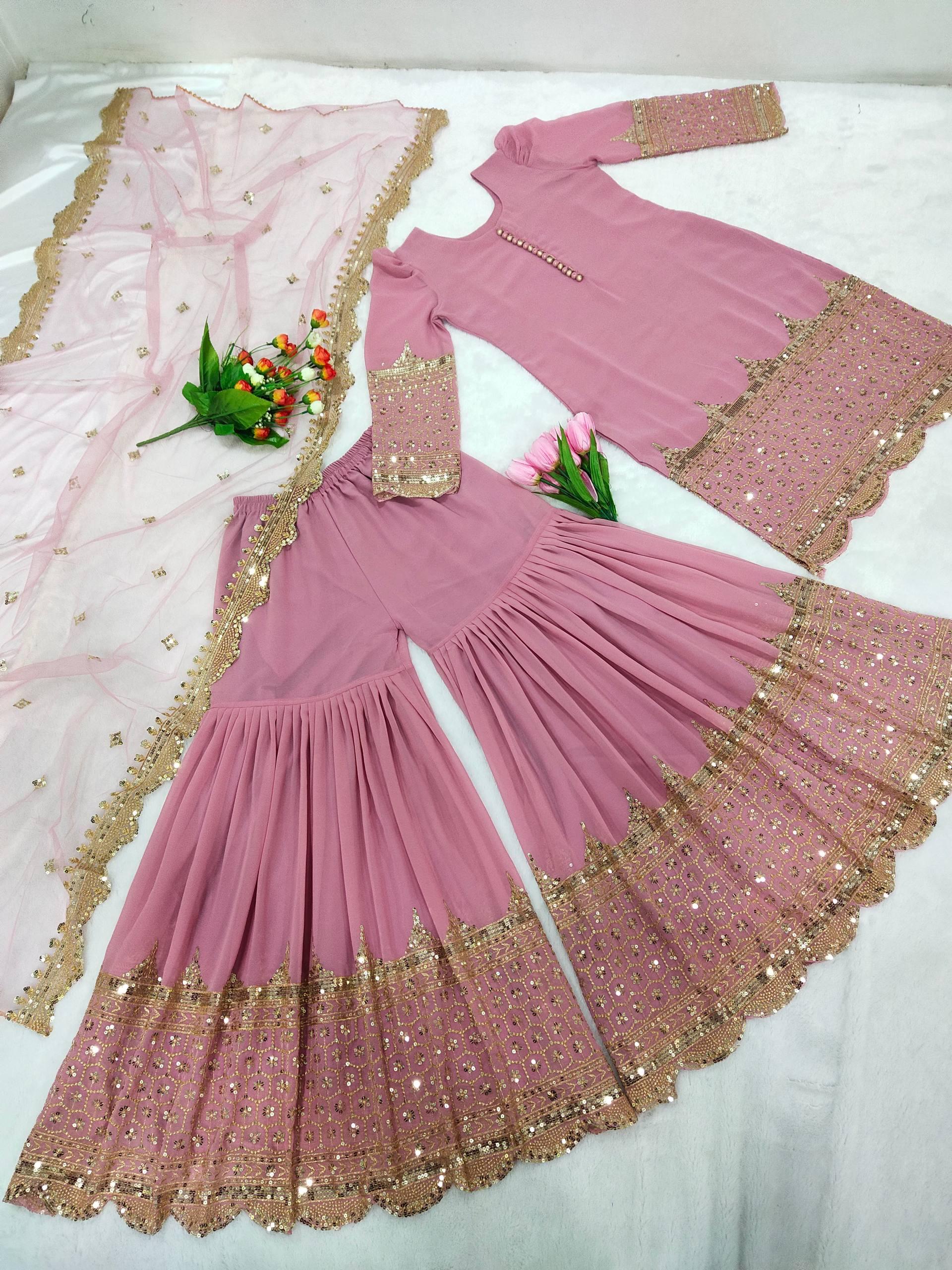 "Elegant Embroidered Sequence Designer Sharara Set"