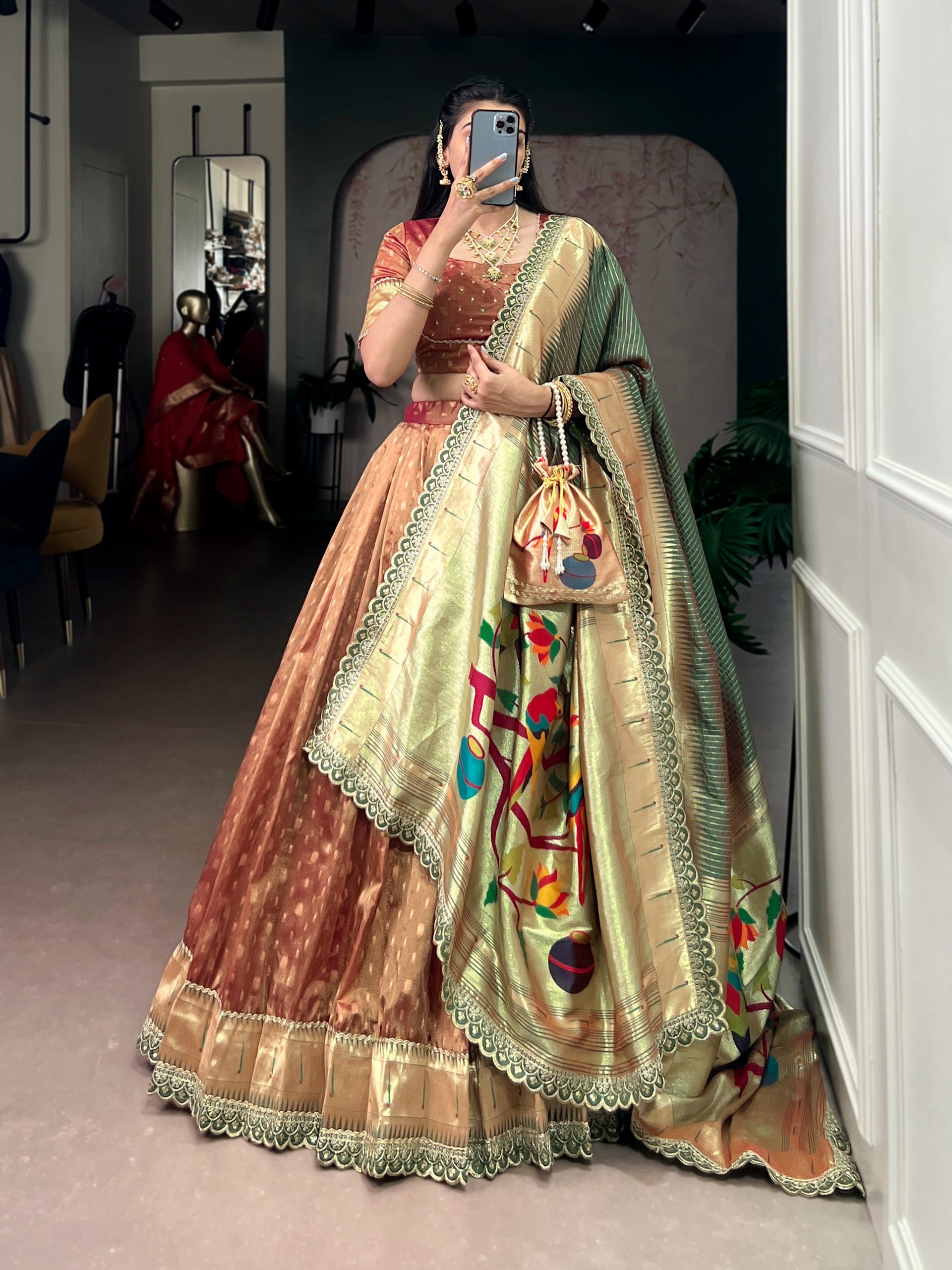 This shimmer organza Paithani lehenga choli