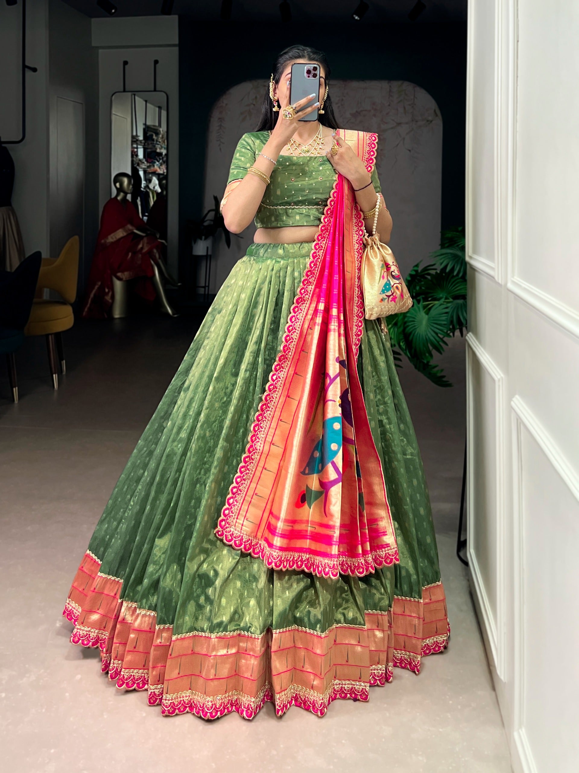 This shimmer organza Paithani lehenga choli