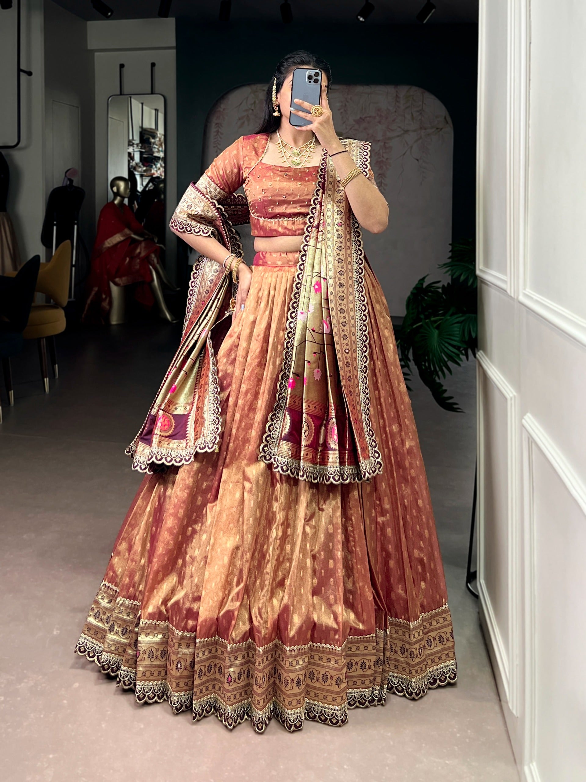This shimmer organza Paithani lehenga choli