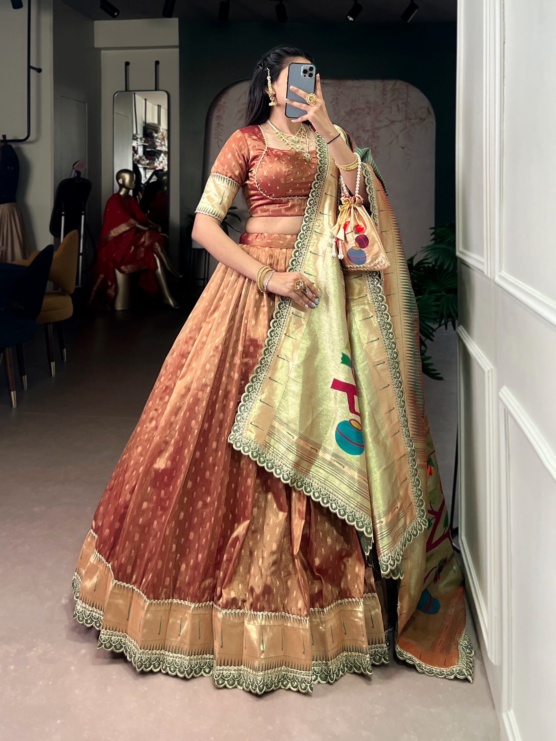 This shimmer organza Paithani lehenga choli