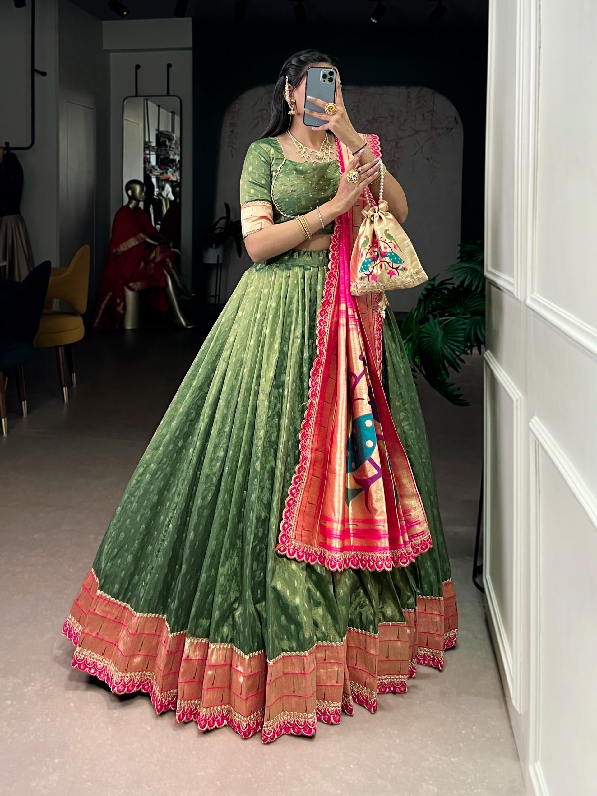 This shimmer organza Paithani lehenga choli