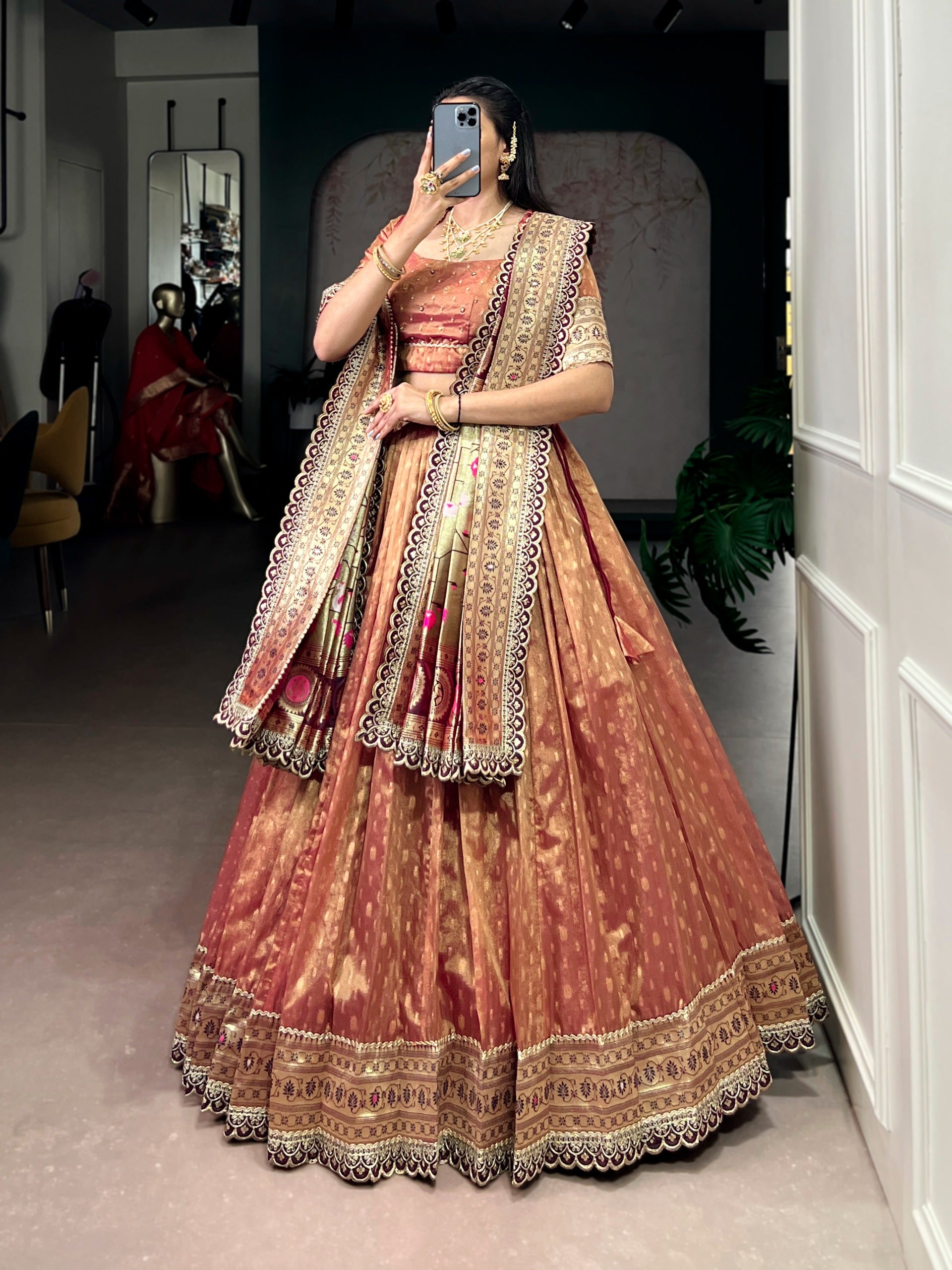 This shimmer organza Paithani lehenga choli