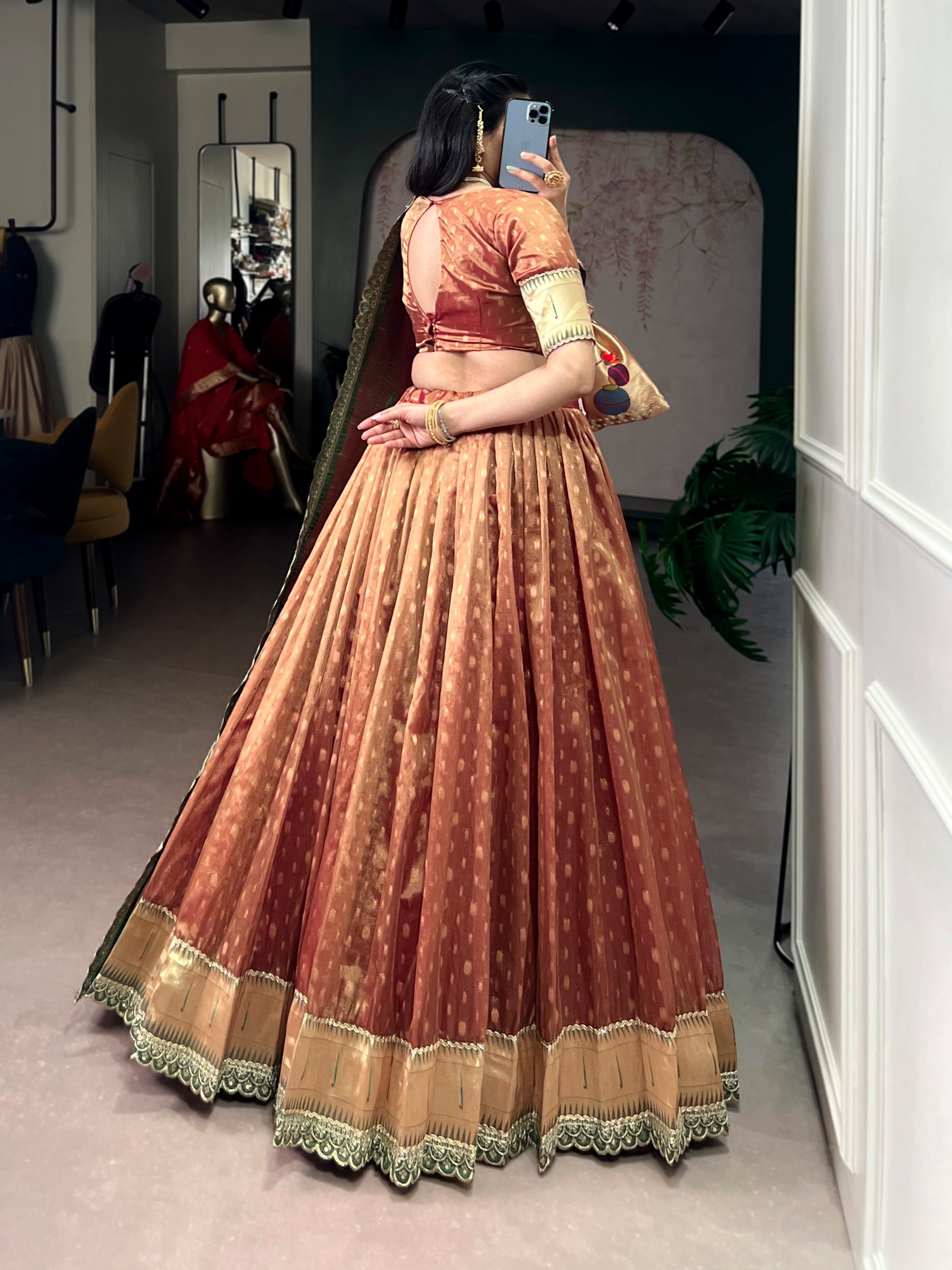 This shimmer organza Paithani lehenga choli