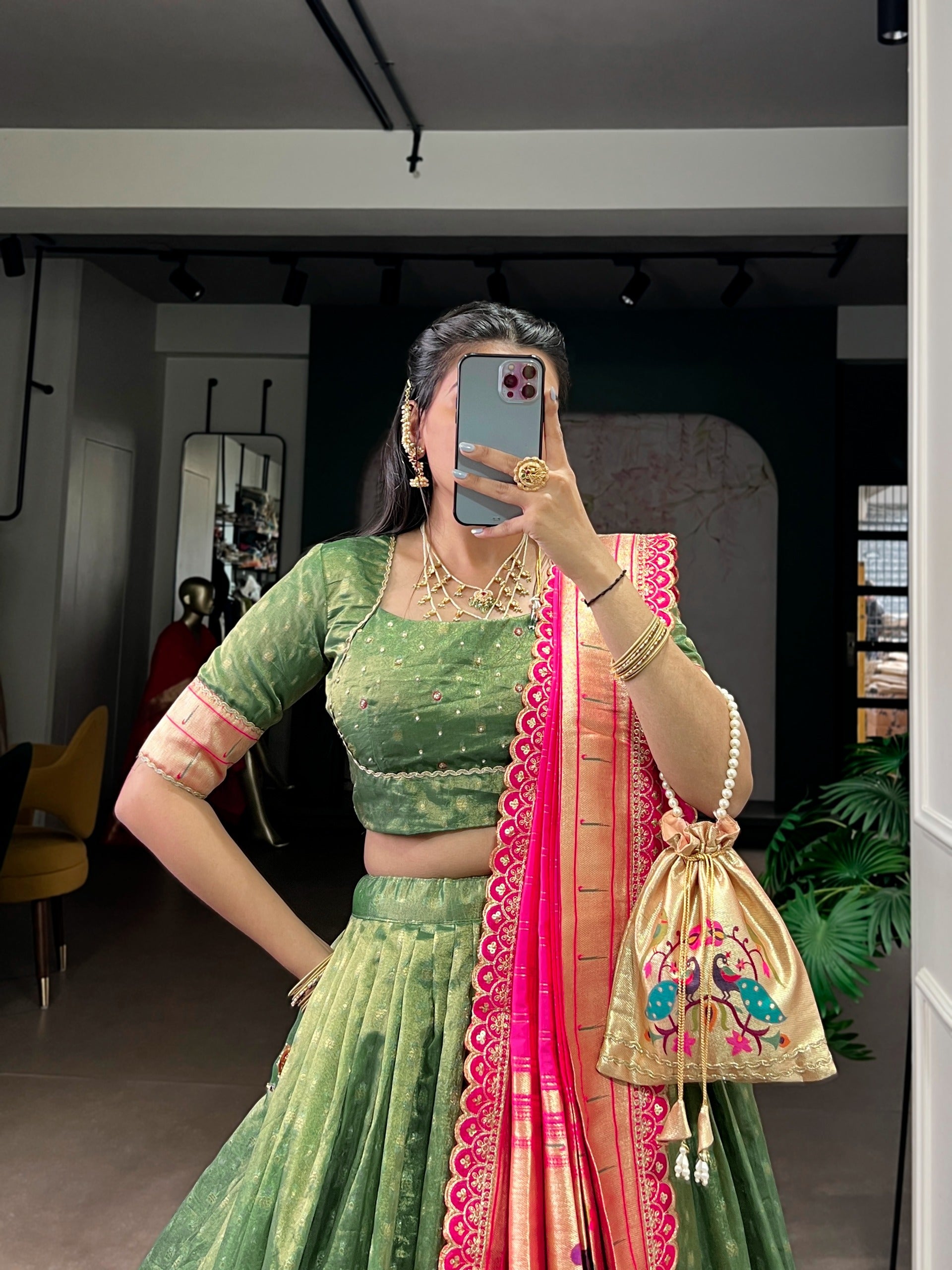 This shimmer organza Paithani lehenga choli