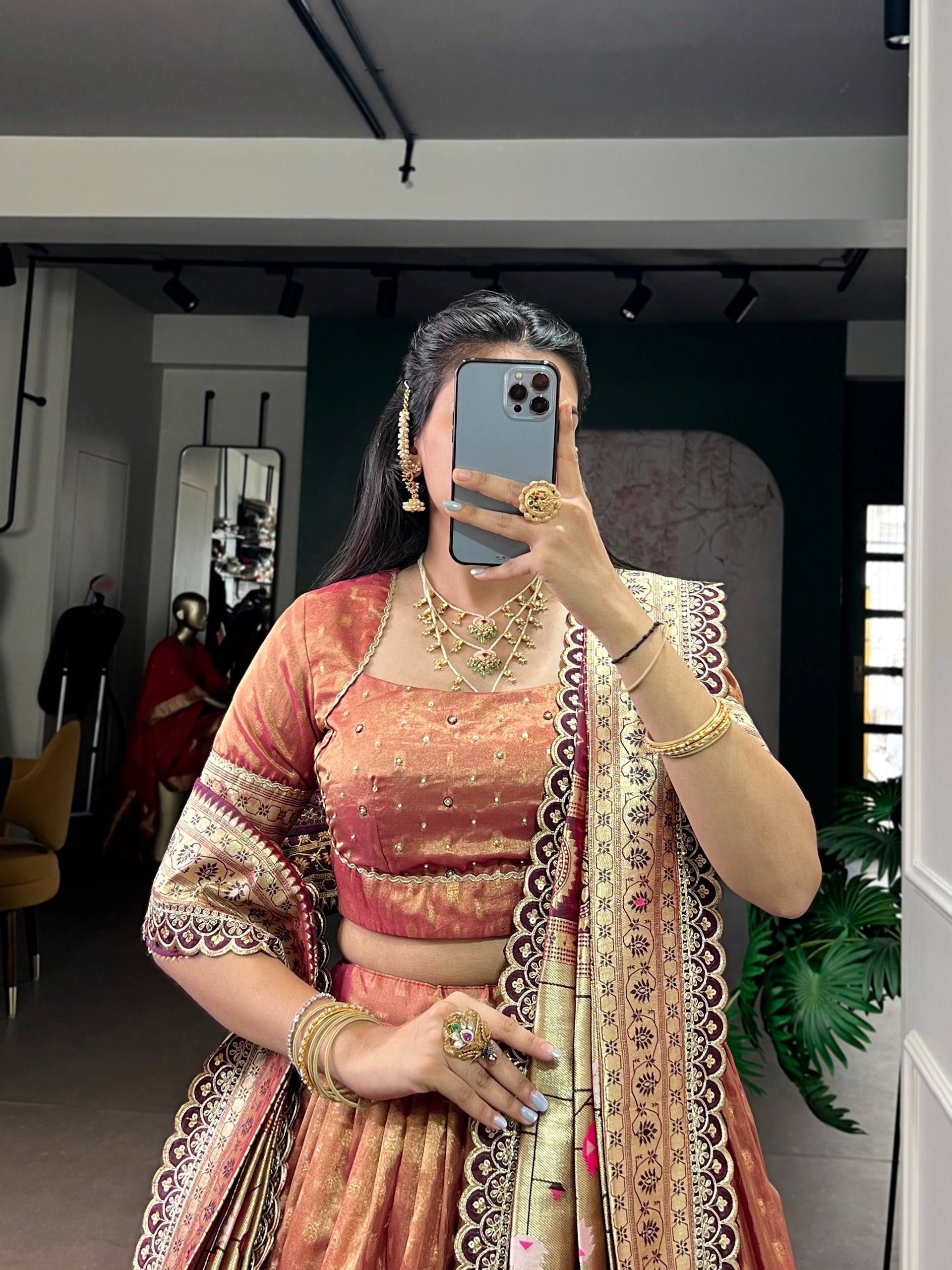 This shimmer organza Paithani lehenga choli
