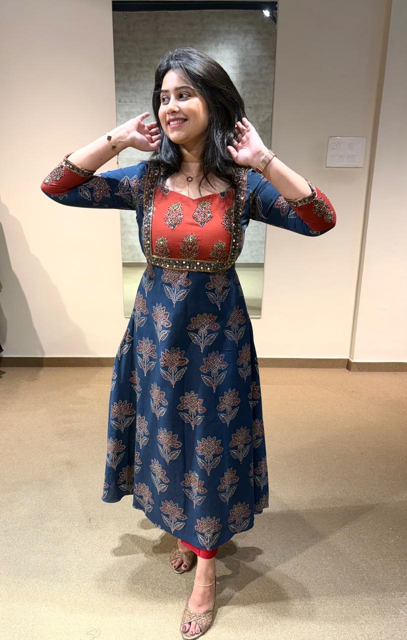 Ajrakh Aline Kurtis With Hand Mirror Work