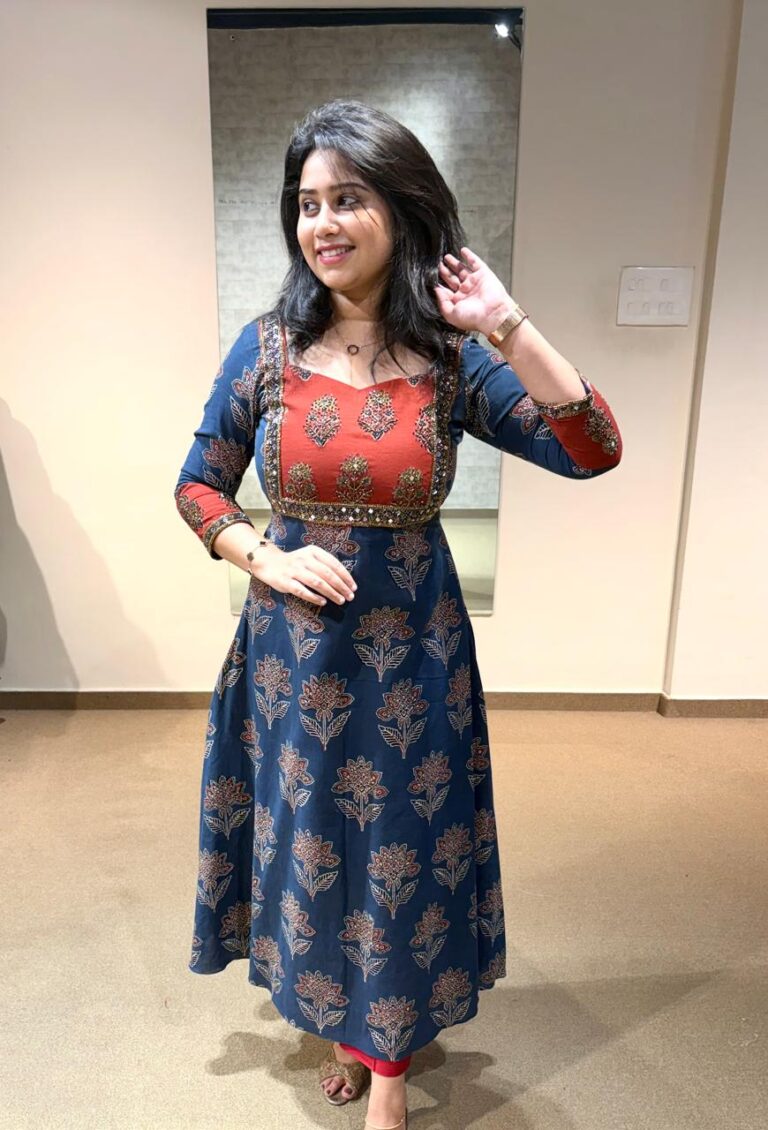 Ajrakh Aline Kurtis With Hand Mirror Work