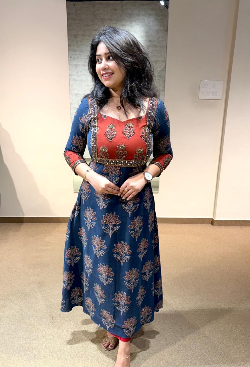 Ajrakh Aline Kurtis With Hand Mirror Work