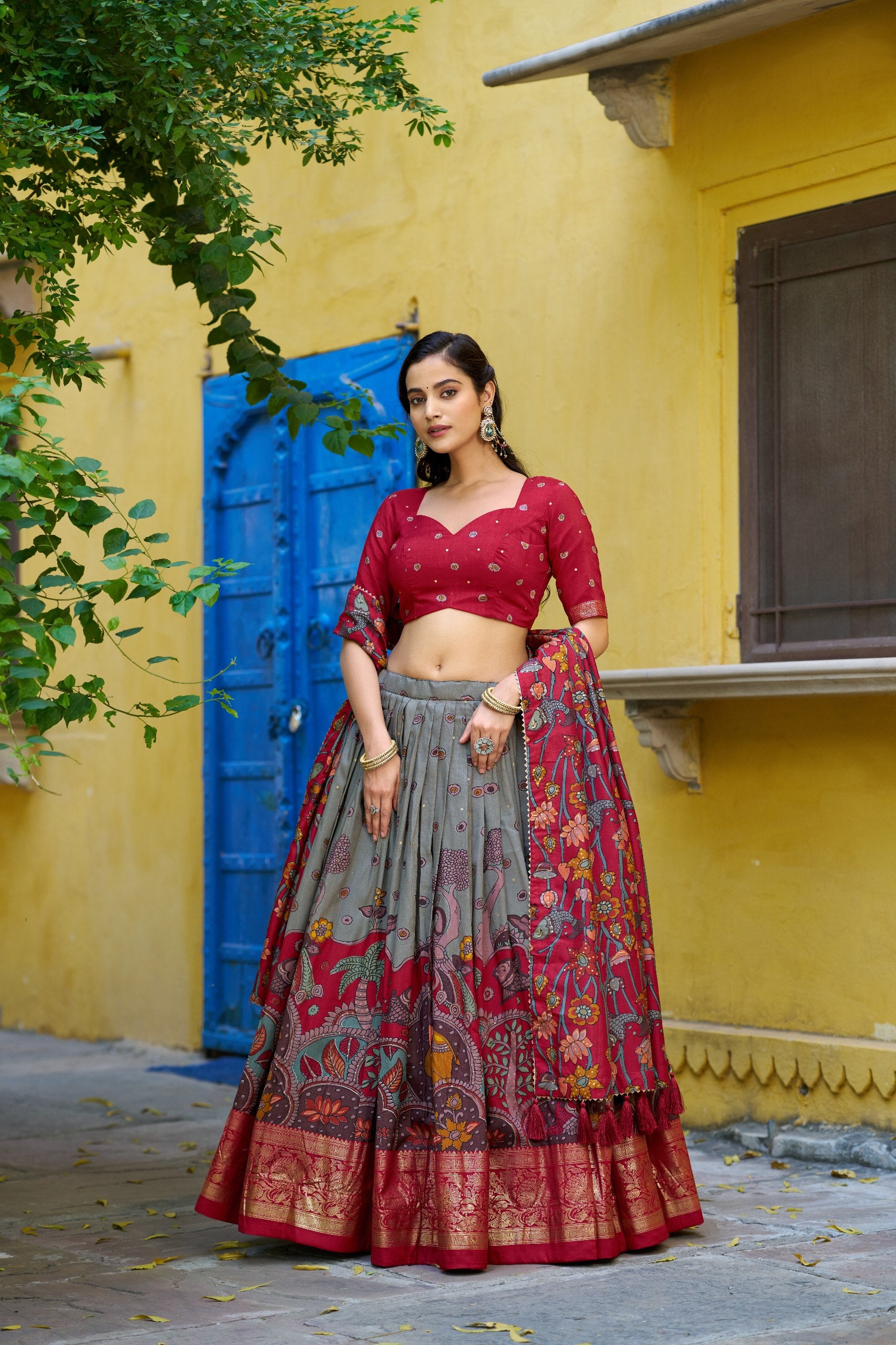Tasar Silk Kalamkari Print Lehenga Choli