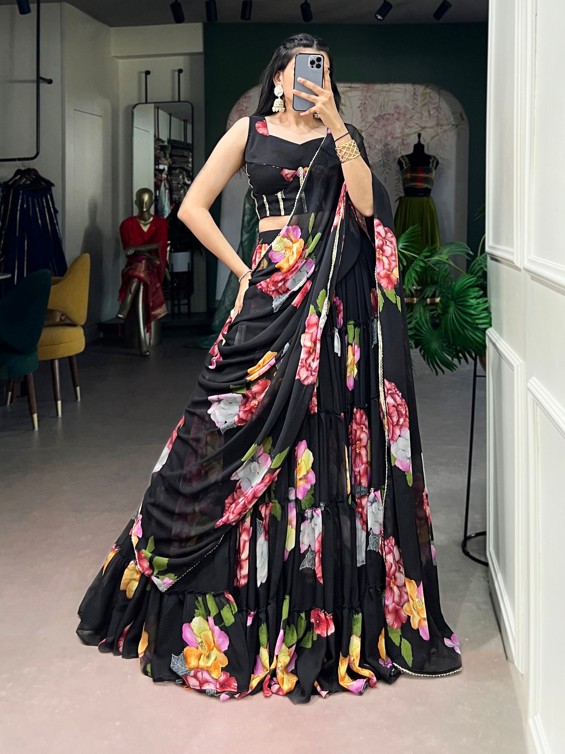 Janki's Floral Printed Georgette Tiered Lehenga Choli